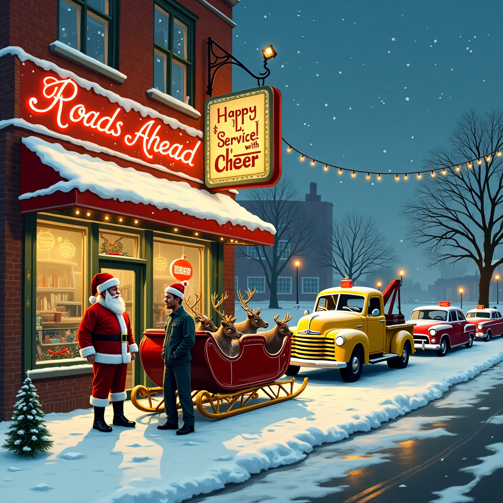 The scene is a bustling, snow-dusted street on a crisp Christmas Eve, with a vintage automotive parts shop called "Roads Ahead" as the focal point. The shop is charmingly retro, with a red brick facade, large frosted windows, and a neon sign that flickers warmly. Parked haphazardly at the curb in front of the shop is Santa's sleigh, gleaming with candy-apple red paint and golden runners that twinkle under the streetlights. Santa, in his classic red and white suit, is conversing animatedly with a mechanic who is wearing a grease-stained, dark green jumpsuit and a Santa hat for the festive occasion. Nearby, reindeer adorned with jingling harness bells graze contentedly on a patch of snow, their breath visible in the chilly air.

Next to Santa's sleigh, a bright yellow tow truck branded with "Roads Ahead" in bold, playful letters, is hoisting up one of the sleigh's runners, which is humorously bent. In the background, a row of classic cars is lined up, their polished exteriors reflecting twinkling Christmas lights strung across the shop's entrance. Each car has a little festive touch—a wreath on the grille, tinsel wrapped around the mirrors, or a miniature Christmas tree fastened to the roof. Above the shop's entrance, a banner flutters slightly in the breeze, reading "Happy Holidays! Service with Cheer!" Snowflakes gently drift down, adding a magical touch to the scene, while the warm glow from inside the shop suggests busy elves working on the sleigh and enjoying holiday treats, adding a playful sense of urgency and festivity.
Generated with these themes: Automotive parts shop called Roads Ahead, Santa and sleigh, Cars, and Santa on sleigh pulled up outside car parts shop getting sleigh fixed.
Made with ❤️ by AI.