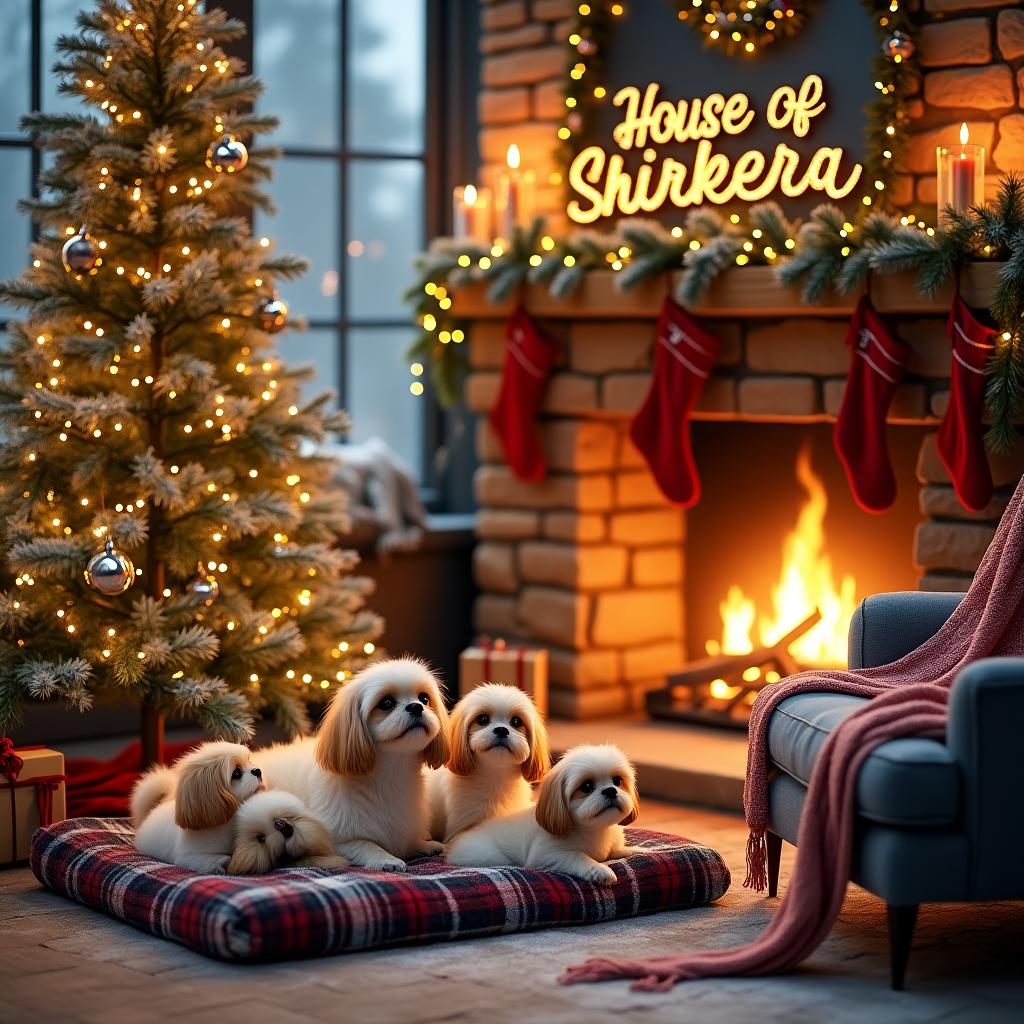 In a cozy, snow-dusted living room that glimmers with the warmth of the festive season, a grand Christmas tree stands proudly in the corner. Its branches are adorned with shimmering silver and gold ornaments, twinkling fairy lights, and strands of delicate red ribbons. Nestled beneath the tree, a family of Shih Tzus—one adult and three playful puppies—are bundled together on a lush, plaid-patterned blanket. The adult Shih Tzu, with its silky white and tan coat, watches protectively over its playful, fluffy pups as they pounce around in circles, their tiny tails wagging in delight. Nearby, a grand stone fireplace is ablaze with crackling logs, casting a golden glow across the room. The mantel is thoughtfully decorated with pine garlands, red and white stockings, and flickering candles housed in glass lanterns. Above the mantel, a whimsical garland of letters spells out "House Of Shirkeira" in glittering gold script, draped elegantly amongst the pine garlands. The room is filled with a sense of warmth and joy, accented by the subtle scent of pine needles and the soft crackle of the fire. A plush armchair, draped with a knitted red and white throw, completes the scene, inviting the viewer into this heartwarming holiday vignette.
Generated with these themes: Christmas tree , shitzu, shitzu puppies , warm fireplace decorations .
Made with ❤️ by AI.