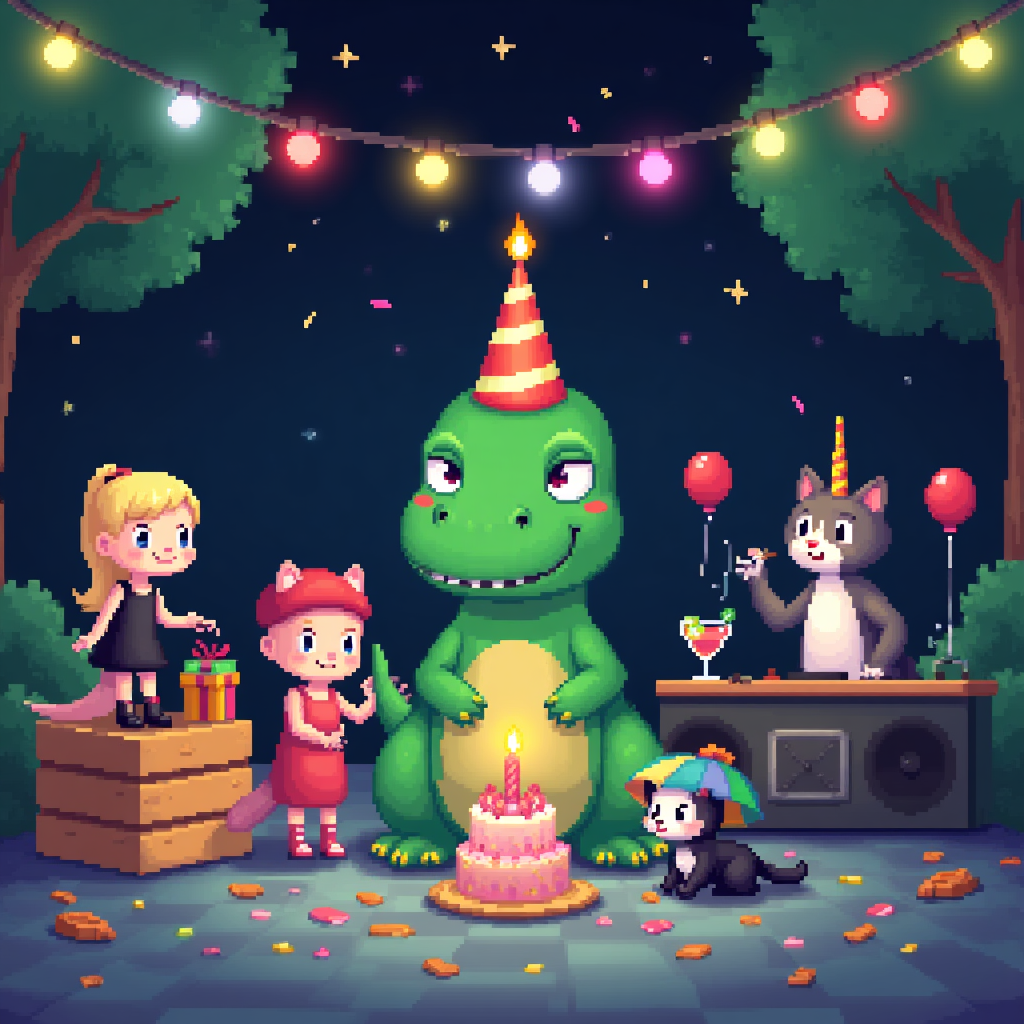 Grumpy dinosaur with party hat, Cute, small blonde elf black dress black boots, Ferret with a beret, Pink unicorn with a cocktail, Black cat with umbrella hat that's chunky , Black and white girl cat with dj disc set, and Birthday Card
