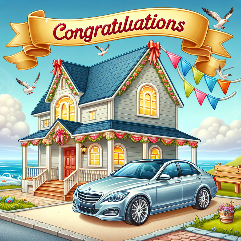 Create an image of a cheerful cartoonish scene. A lovely new house stands in the center with a bright 'Congratulations' banner displayed across the entrance. An elegant car, finished in a sheen that mirrors the joyful environment of the celebrated day, is parked in the driveway. The nearby surroundings suggest the coastal splendor of an unnamed seaside town, complete with seagulls soaring in the sky above and waves dancing in the distance. This image captures the sense of accomplishment and the dawn of fresh starts.
Generated with these themes: New house, Alfa Romeo , and Eastbourne .
Made with ❤️ by AI.