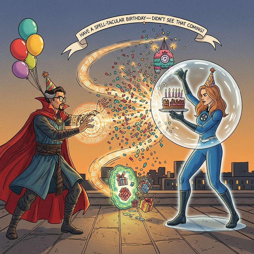 Hand-drawn illustration with fine linework and textured brush strokes, warm expressive color palette. A funny, high-energy Marvel-style rooftop duel at golden-hour twilight: Doctor Strange (Pakistani man, warm brown skin, black rectangular glasses, neat goatee) in a billowing red Cloak of Levitation casts a glowing rune that explodes into confetti, balloons, and sparking birthday candles. Opposite him, Invisible Woman (Fantastic Four) in a sleek blue suit is partially invisible—her figure outlined by a glassy shimmer—raising a luminous force-field bubble that bounces the confetti-spell back and keeps a wobbly frosted cake safe. Both wear crooked party hats. Balanced, dynamic S-curve composition: Strange on the left, Invisible Woman on the right, swirling magic arc connecting them; playful motion lines; a tiny portal pops open with gift boxes tumbling out; a confetti “time stone” piñata dangles comically. Expressive faces, lighthearted mood, no gore. Rich crimsons, teals, golden ambers, and deep midnight blues; soft paper grain and subtle brush textures. Include a single cheeky line of on-image text, placed on a curved ribbon of magic near the top: “Have a spell-tacular birthday—didn’t see that coming!”
Generated with these themes: Dr Strange marvel (Pakistani brown skin with black glasses) fighting , Fight scene Marvel , Invisible woman (fantastic four) , Battle fight scene , and .
Made with ❤️ by AI.
