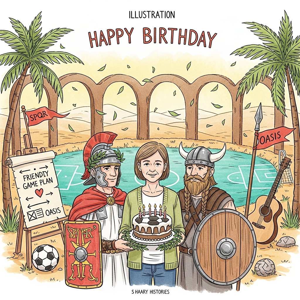 At the top of the Illustration Style image, Happy Birthday

Hand-drawn illustration with fine linework and textured brush strokes, balanced composition, and a warm, expressive color palette. Sincere, heartfelt mood.

Scene: A sunlit celebration where history and sport meet beside a tranquil desert oasis. In the foreground, a kind-eyed teacher in a soft cardigan stands between a dignified Roman centurion (laurel wreath, scarlet cloak) and a friendly Viking (braided beard, round shield). Together they present a round birthday cake iced like a classic black-and-white football, resting in a laurel wreath; tiny candles are arranged in a Roman-numeral-inspired pattern (no readable number).

Environment: A small, grassy five-a-side pitch blends into warm sand by a turquoise waterhole framed by arching palms. An easel shaped like an ancient scroll shows playful arrows and dots for a friendly game plan, with a little heart over the goal. Corner flags nod to history: a Roman standard and a Viking spear topped with a round shield—no lettering. By a palm, an acoustic guitar leans in the shade as a subtle wink to “Oasis.” Soft leafy confetti drifts through golden-hour light; delicate Roman friezes and Viking knotwork textures appear on stones and shield rims, uniting the histories.

Style and composition notes: Balanced triangular arrangement of the three figures; warm smiles and gentle eye contact. Fine pen-style outlines with watercolor-like washes; subtle paper grain; warm terracotta, honey-gold, and olive tones contrasted with cool teal water. Keep the image full-bleed and image-first. Title lettering at the top is hand-lettered, Roman-inspired capitals in warm ink with soft texture. Avoid any other text or numbers on props (no SPQR, jersey numbers, etc.).

Small hand-lettered caption at the bottom (single short line): “A class-ical birthday: laurel-crowned goals, Viking cheers, and your own oasis.”
Generated with these themes: History, Romans, Viking, teacher, football, Oasis, and .
Made with ❤️ by AI.