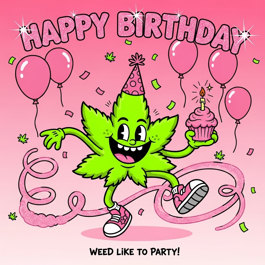 At the top of the Cartoon Style image, the text "Happy Birthday" in big, glittery bubblegum-pink letters with bright starry sparkles

Playful cartoon scene: a bouncy, anthropomorphic cannabis leaf character with exaggerated proportions, thick black outlines, and a huge goofy grin, mid-dance in an energetic pose. The leaf is bright neon green, wearing a pink polka-dot party hat and oversized sneakers. It’s holding a pink-frosted cupcake; the candle’s flame pops with sparkly starburst highlights. Bubblegum-pink gradient background filled with floating pink balloons, confetti shaped like tiny cannabis leaves, and twinkling sparkles swirling like glittery ribbons. Add a gleeful pink, glitter-dusted puff trail curling around the character, forming whimsical loops. Color palette is bright and saturated; shading is simple and bold; lines are chunky and clean for a lively cartoon look.

At the bottom, small cheeky caption in playful hand-lettered style: “Weed like to party!”
Generated with these themes: Weed, pink, sparkles, and .
Made with ❤️ by AI.