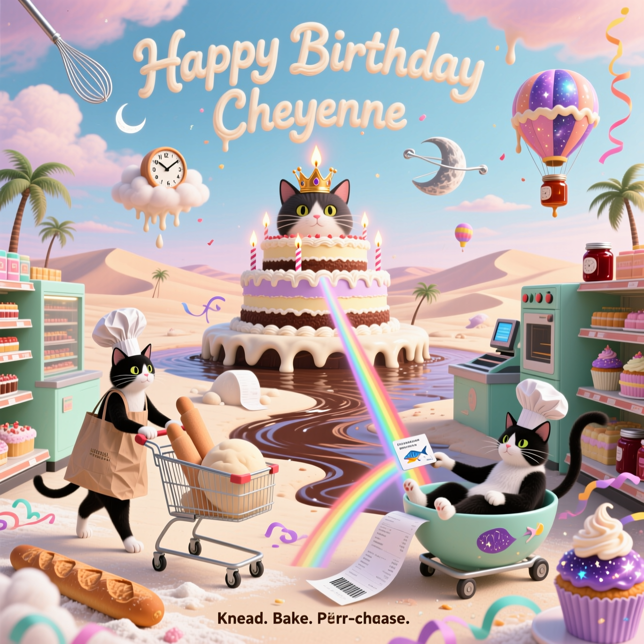 At the top of the Surreal Style image, Happy Birthday Cheyenne

Dreamlike, Dali-inspired supermarket-bakery melting into flour dunes under an ethereal pastel sky. Cats in crinkly paper-bag chef hats push impossibly long-legged shopping carts made of rolling pins and whisk wheels; their paws knead drifting clouds of dough that sag like soft clocks over glowing cake aisles. A colossal cat-shaped layer cake island wears a reusable tote as a crown; its candle-flames stretch into neon scanner beams that ripple across a glossy chocolate checkout river. Receipts unspool as curly party streamers; baguettes sprout like palm trees; cupcakes with galaxy glaze levitate in gentle gravity-bending arcs. One tuxedo cat swipes a fishbone loyalty card through a rainbow barcode beam; another lounges in a mixing-bowl cart, tail-whisk whipping meringue into constellation swirls. Overhead, silver whisks orbit like moons; melting oven timers drape over aisle ends; jelly jars float like hot-air balloons. Soft volumetric glow, candy-colored palette (mint, buttercream, lavender, peach), sugar-sparkle bokeh, painterly textures, whimsical wide-angle perspective, tall vertical composition. Render “Happy Birthday Cheyenne” across the sky as whipped-cream icing script clouds with a soft glow.

At the bottom of the image, small caption: Knead. Bake. Purr-chase.
Generated with these themes: Baking, shopping. Cats, and .
Made with ❤️ by AI.