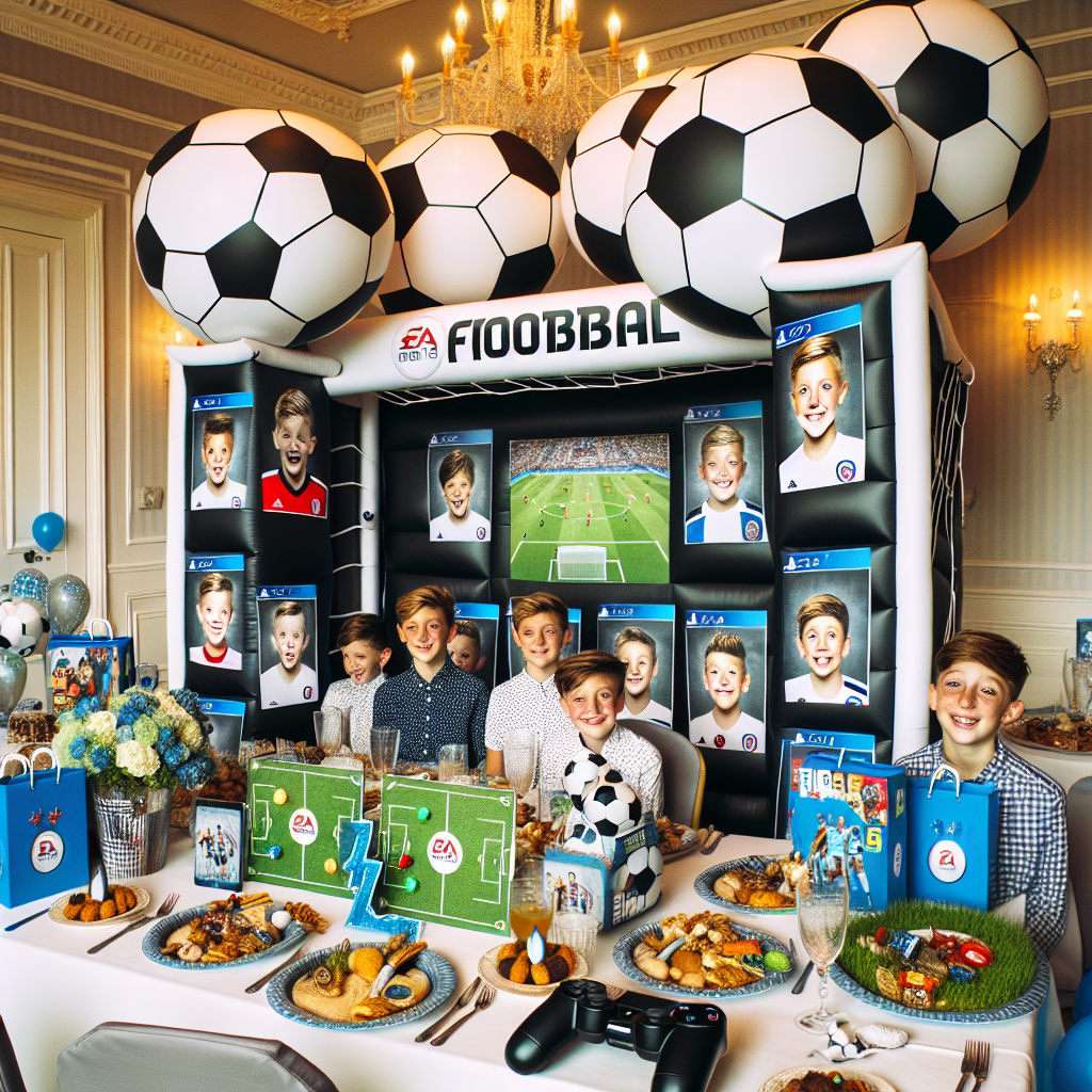 A lively 12-year-old boy's birthday party, the room is styled with a football and FIFA video game theme. Football-shaped balloons hover throughout the setting, and each table is adorned with a small football and video game console-inspired decorations as centerpieces. Guest receive unique video game box-covers bearing the birthday boy's picture. The crowning attraction is a photo booth designed like a goal post. Accompanying props are provided, allowing the children to snap amusing pictures that align with the cheerful and athletic atmosphere of the celebration.
Generated with these themes: 12th birthday, Boy, Football, and FIFA.
Made with ❤️ by AI.