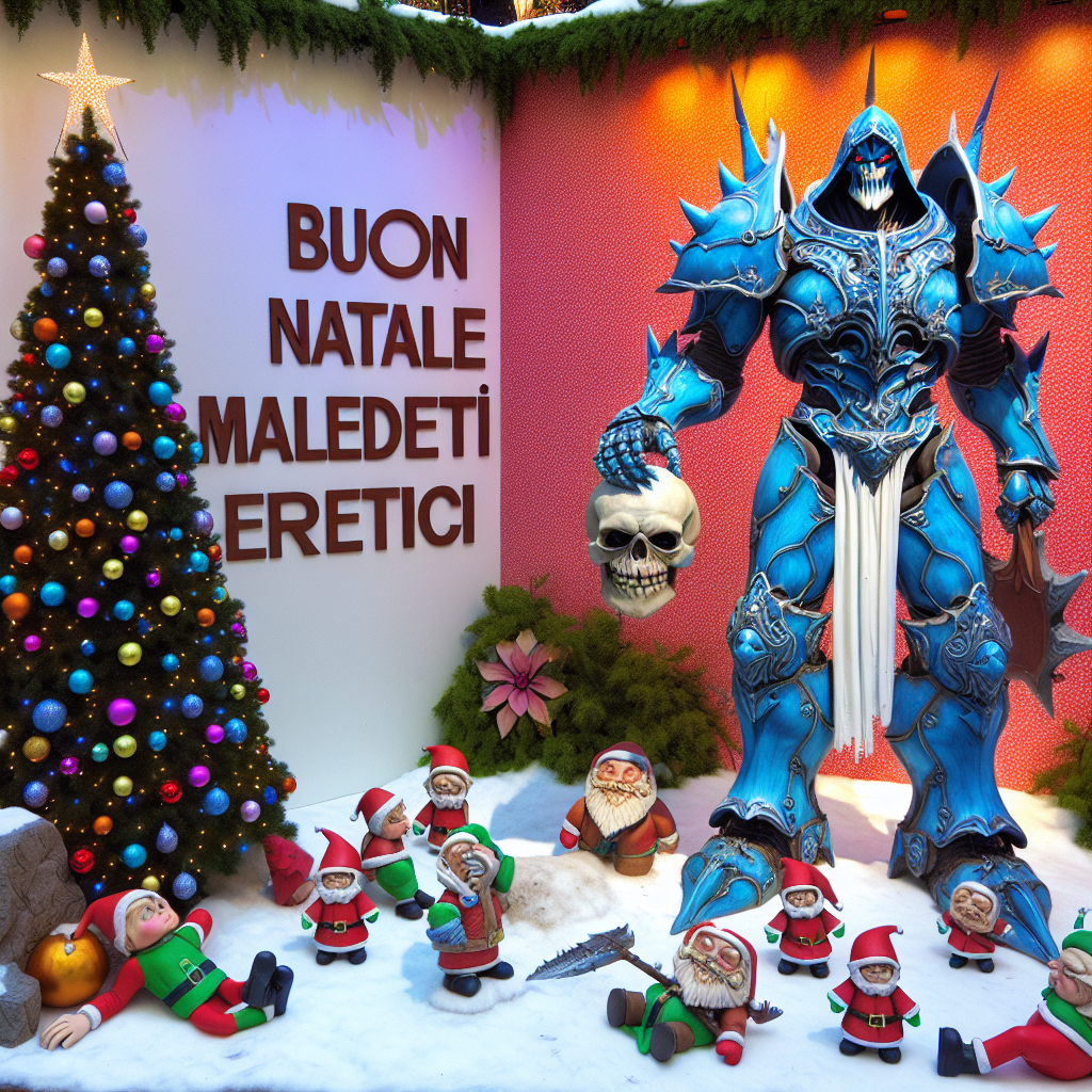 Warhammer 40k ultramarine saying "buon natale eretici" next to a christmas tree with some dead santa's elves next to him Christmas Card