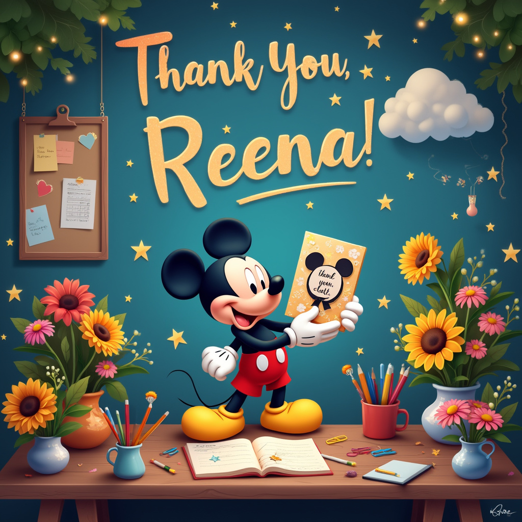 In the whimsical world of Mickey Mouse, a delightful thank-you scene unfolds in a cozy, enchanted garden. At the center of the garden, there's a rustic wooden table adorned with an array of vibrant flowers, including sunflowers, roses, and daisies, arranged in charming vases shaped like Mickey's head. Scattered around the table are various pieces of colorful stationery: pens, notebooks, and paper clips, all featuring Mickey's iconic silhouette.

Mickey Mouse himself stands cheerfully by the table, holding a beautifully decorated thank-you card with the words "Thank You, Reena!" written in an elegant script. Surrounding Mickey are twinkling stars that light up the twilight sky, creating a magical atmosphere. Above this enchanting scene, in the sky, the name "Reena" is spelled out in fluffy, sparkling clouds, with each letter adorned with tiny, twinkling stars.

In the background, you can see a bulletin board adorned with cute, mouse-shaped post-it notes and a calendar marked with important management dates, showcasing Reena’s excellent organizational skills. Small fairy lights hang from the trees, adding a warm, festive glow to the entire scene. At the corner of the table, there’s a tiny managerial desk setup with a miniature computer, planner, and coffee mug, signifying Reena's impeccable management talents.

Every element in the scene, from the flowers and stationery to the stars and management-themed details, beautifully weaves together a story of gratitude and celebration, making Reena feel truly special.
Generated with these themes: Mickey mouse, Flowers, Stationary, Stars, and Management.
Made with ❤️ by AI.
