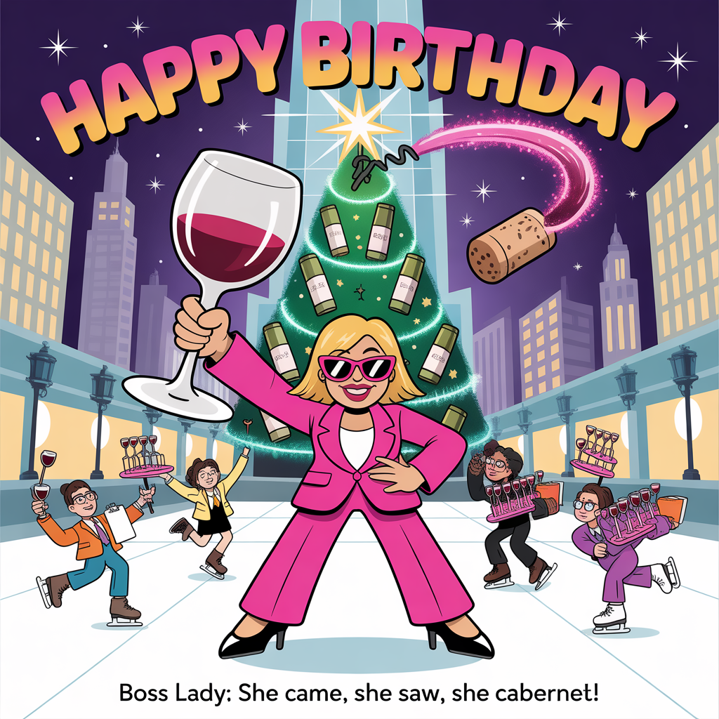At the top of the Cartoon Style image, "Happy Birthday"

At the bottom of the image, "Boss Lady: She came, she saw, she cabernet!"

Create a playful cartoon scene in bright, saturated colors with thick black outlines and exaggerated proportions: In a bustling winter city plaza inspired by Rockefeller Center, a towering, sparkling Rockefeller Christmas Tree glows with oversized ornaments shaped like little wine bottles and corks. A shimmering gold corkscrew forms the star atop the tree, bursting glittery light rays. Front and center, a confident Boss Lady in a bold power suit (hot pink or electric cobalt), oversized sunglasses, and dramatic heels strikes a victorious pose on the rink, hoisting a huge sloshing wine glass like a trophy while a popped cork zips past her in a curvy, comet-like trail toward the tree’s star. Around her, tiny office-elf assistants in suits skate excitedly, juggling clipboards and trays of wine glasses, confetti flying. Snowy edges and a city skyline frame the scene. Keep poses whimsical and energetic; use bold, bubbly hand-lettered text with thick outlines and a slight drop shadow for legibility at top and bottom.
Generated with these themes: Rockafeller christmas tree, Wine, Boss lady , and .
Made with ❤️ by AI.