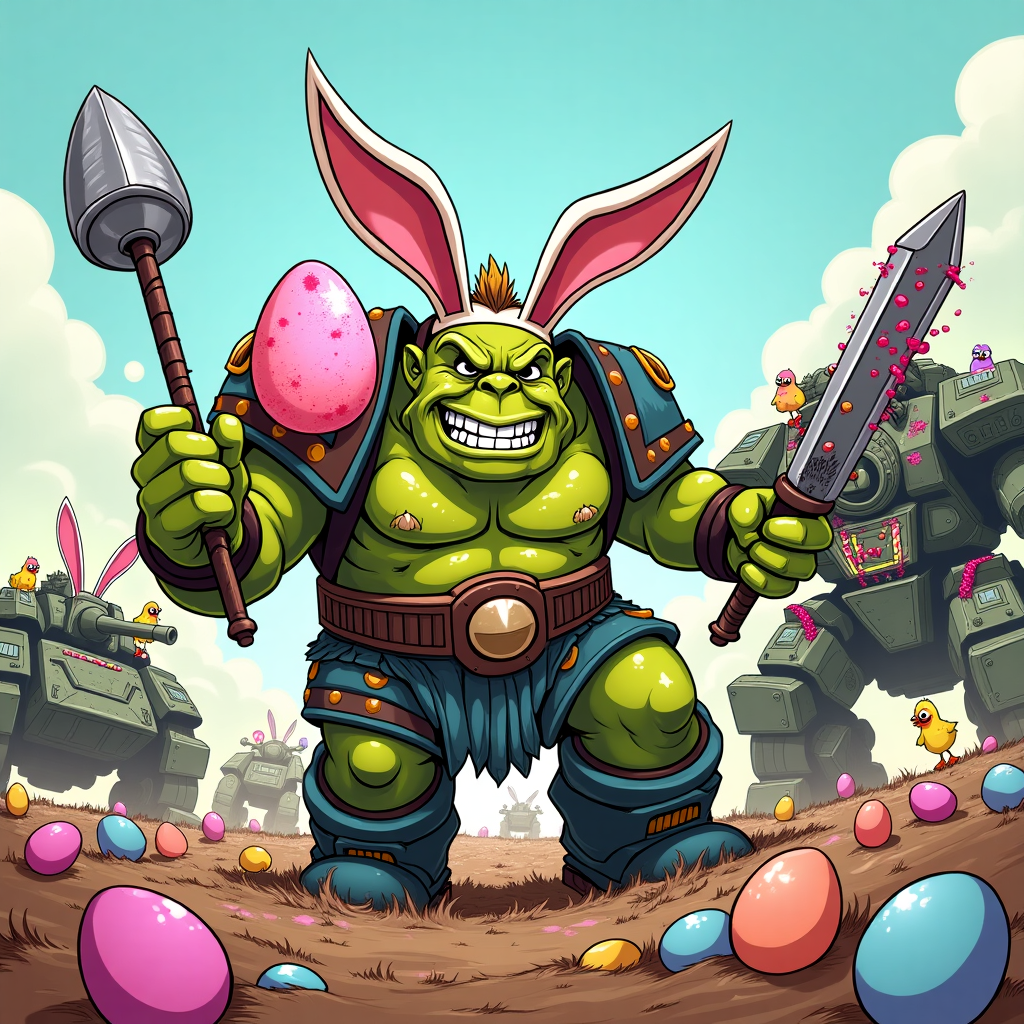 At the top of the illustration image, "WAAAGH-ppy Easter, Warhammer!"

Prompt:  
A humorous Easter illustration in a cartoon style showing a big, green, grinning Warhammer 40,000 Ork wearing floppy bunny ears and pastel war paint. The Ork is rampaging across a battlefield made entirely of chocolate eggs and marshmallow peeps, holding a giant pink egg like a sacred relic in one hand and a paint-splattered chainsword in the other. In the background, tiny grots (goblins) dressed as Easter chicks are frantically painting tanks in pastel colors, and a dreadnought is confusedly tangled in tinsel and streamers. Bright, festive colors with exaggerated, over-the-top comedic expressions throughout. The overall vibe is delightfully chaotic and laugh-out-loud silly — pure Orky Easter madness!
Generated with these themes: Warhammer 40000 orc.
Made with ❤️ by AI.