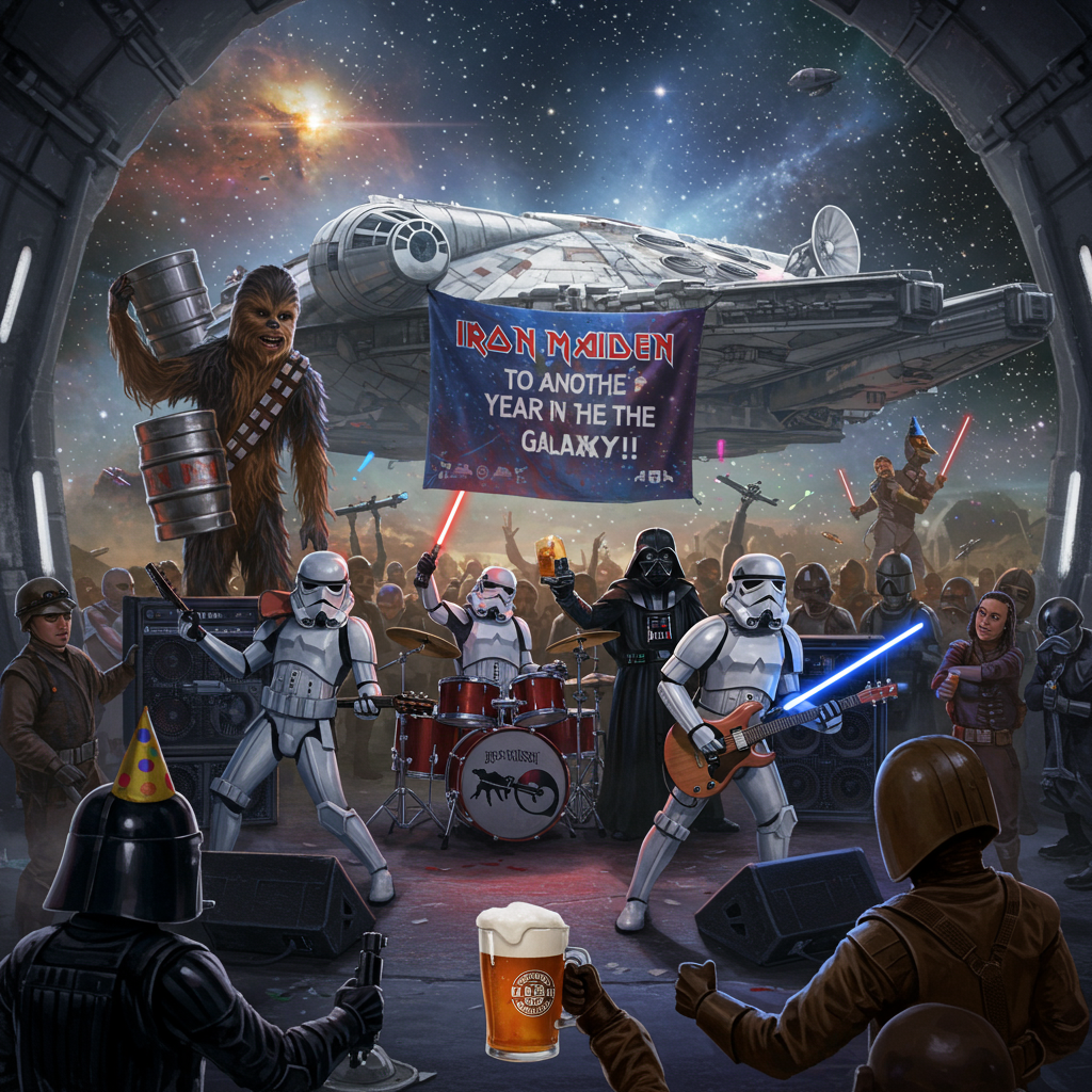 At the top of the photorealistic picture taken from a camera image, add the text: "Happy birthday Adam".
---
In an epic, photorealistic 4K UHD scene, imagine a wild birthday party set in a galaxy far, far away. An Iron Maiden tribute band of Stormtroopers is jamming on stage, their instruments forged from lightsabers. They are surrounded by a vibrant and bustling crowd of various Star Wars characters, including Darth Vader, who is holding a pint of craft beer with a foamy head. Chewbacca is seen playfully balancing a keg on one shoulder, his furry face lit up with joy. The Millennium Falcon hovers in the background, draped with a gigantic birthday banner reading "Cheers to Another Year in the Galaxy!". Lifelike textures, realistic lighting, and a rich depth of field bring this lively intergalactic celebration to life, with bursts of color from nearby nebulae casting an ethereal glow over the scene.
Generated with these themes: Iron Maiden, star wars, craft beer, and .
Made with ❤️ by AI.