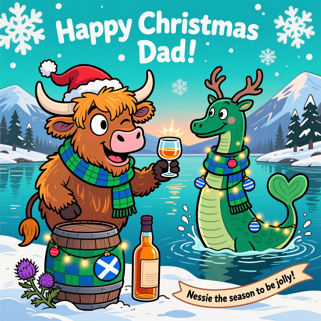 At the top of the Cartoon Style image, "Happy Christmas Dad!"

Playful, funny cartoon scene with exaggerated proportions, thick black outlines, and bright saturated colors. Snowy Scottish Highlands at twilight with a teal sky and big fluffy snowflakes. Foreground: a jolly Highland cow with shaggy ginger fringe, huge expressive eyes, and an oversized nose, wearing a green-and-blue tartan scarf and a Santa hat. The cow stands on a chunky whisky barrel wrapped in green-and-blue tartan, winking while holding a tiny glowing dram of Scotch whisky in a Glencairn glass. From the shimmering loch behind, a friendly Nessie pops up with a long bendy neck and three humps, each draped in fairy lights and festive baubles; Nessie wears a matching green-and-blue tartan scarf and reindeer antlers, clinking a dram with the cow. Nessie’s tail curls into a playful heart shape around the glasses, with sparkly cartoon water splashes. Add a stout amber bottle of Scotch whisky beside the barrel (no label text), a sprig of purple thistle at the base, and distant snow-capped mountains and pine trees. Subtle Scottish touches in decorations (Saltire-inspired blue-and-white ornaments), but no extra lettering. Small extra text (one line): on a curved ribbon near the bottom, “Nessie the season to be jolly!” Style notes: bold hand-drawn linework, cel-shaded highlights and shadows, glossy reflections on glass and lights, punchy palette (emerald greens, deep blues, warm amber, festive reds). Portrait orientation, generous clear sky at the top for the headline, centered composition, energetic, whimsical, very funny. Only visible text should be the top headline and the single small ribbon line; no other text or watermarks.
Generated with these themes: Scotch Whisky, Green and blue tartan, Nessie, Highland cow, Scotland, and .
Made with ❤️ by AI.