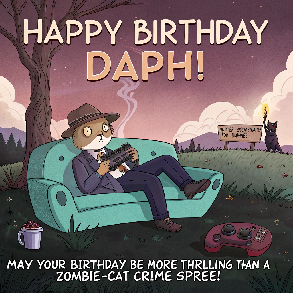At the top of the image, "Happy Birthday Daph!": 

In the surreal scene, depict a whimsical landscape where a cat dressed as a detective lounges on a floating teal couch, sipping coffee from a giant gaming controller mug. 

Nearby, a zombie in a party hat reads a "Murder Documentaries for Dummies" book, while the sky is painted with eerie yet comical horror elements. 

At the bottom of the image, add the punchline: "May your birthday be more thrilling than a zombie-cat crime spree!"
Generated with these themes: Gaming, Coffee, Murder documentaries, Teal, Black, Zombies, Horror, Cats, and .
Made with ❤️ by AI.