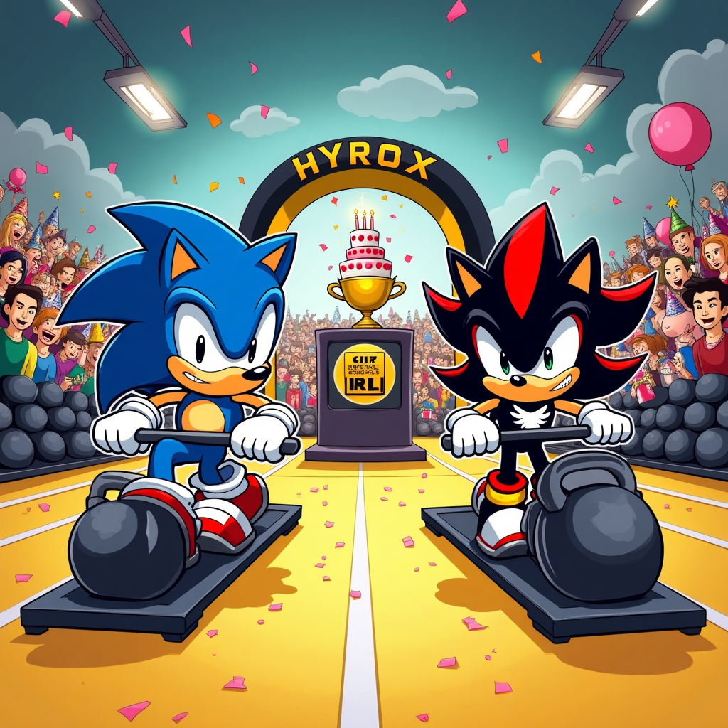 Blue hedgehog sonic, Black hedgehog shadow, Rowing machine, Ski erg machine, Gym, Hyrox competition, and Birthday Card