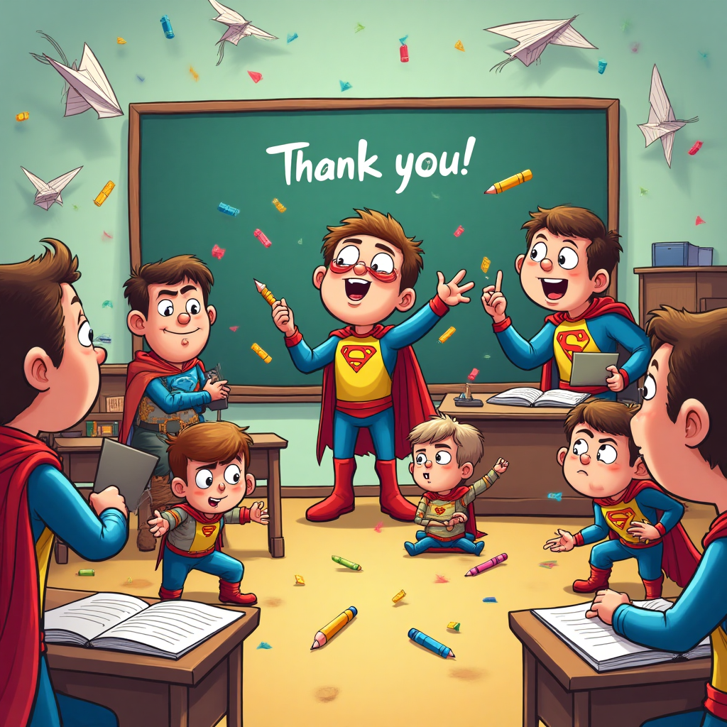 At the top of the Cartoon Style image, the text: "Thank you!"

**Scene Description:**

In a vibrant, playful classroom setting, a group of cartoon-style superheroes, each with exaggerated and whimsical features, are hilariously attempting to teach a chaotic class of tiny, adorable sidekick students. The superheroes are wearing brightly colored, oversized costumes with capes and masks. Some are juggling books and pencils with their superpowers, while others are trying to calm down the energetic mini-heroes who are playfully causing mayhem. One superhero is perched on a desk, holding a chalkboard with the text, "Super Lessons in Chaos Management!" The classroom is full of bright colors, with flying paper planes and crayons scattered everywhere, capturing the essence of fun and gratitude in a chaotic yet heartwarming way.
Generated with these themes: Super heroes, Classroom, Chaos, and .
Made with ❤️ by AI.