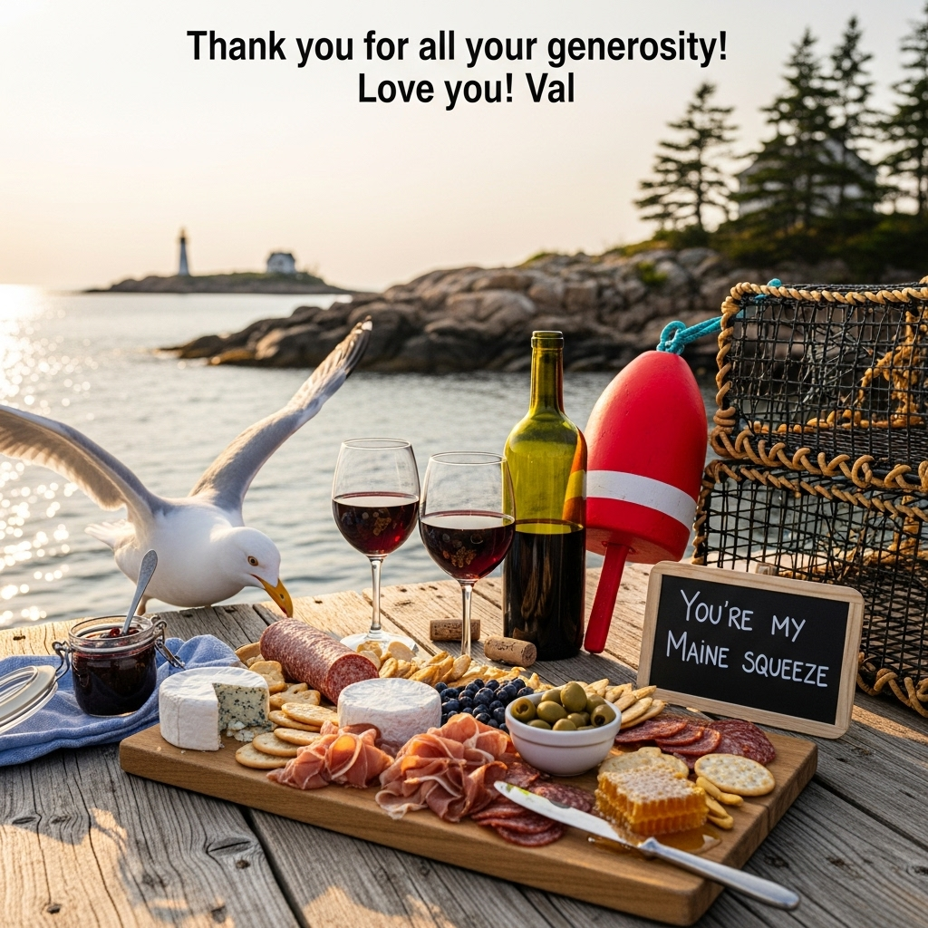 At the top of the Photorealistic picture taken from a camera image, Thank you for all your generosity! Love you! Val

Ultra-high-definition 4K UHD, true-to-life lighting and rich depth of field: On a weathered dock along the rocky Maine coast at golden hour, a rustic wooden table holds an abundant charcuterie spread—aged white cheddar, herbed chèvre, ribbons of prosciutto and salami, crackers, olives, a jar of wild blueberry jam, and a small glistening honeycomb. Two elegant stemmed glasses of deep ruby red wine beside an unbranded bottle and cork, sunlight refracting through the wine onto the grain of the wood. A bright red-and-white lobster buoy and a stack of lobster traps sit nearby. Propped against the buoy is a tiny slate chalkboard with a playful single line that reads: You’re my Maine squeeze. A cheeky seagull leans into frame eyeing the prosciutto, wings slightly blurred for humor. In the softly blurred background: sparkling Atlantic water, granite outcrops, wind-bent pines, and a distant white lighthouse. Clean sky space above for the top text; no people, no brand labels. Shot on a 50mm lens at f/2.8, crisp textures, lifelike color, warm and funny mood.
Generated with these themes: Red wine, charcuterie , Maine coast, and .
Made with ❤️ by AI.