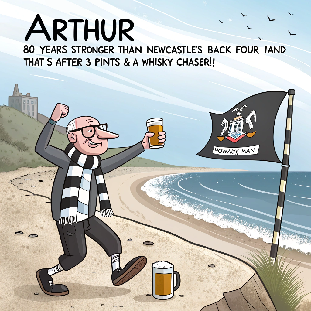 At the top of the image, "Arthur – 80 Years Stronger Than Newcastle's Back Four (And That’s After 3 Pints & a Whisky Chaser!)"

- Illustrate a hilarious cartoon scene set on Tynemouth beach with Arthur—an old but cheeky lad with a black-and-white Newcastle United scarf—planting a corner flag into the sand as if it's St. James’ Park.

- Arthur is joyfully juggling a beer, a whisky, and a beach ball with a cartoon magpie perched on his head shouting “Howay, man!”

- In the background, seagulls cheer from deck chairs with mini flags, and the waves spell out “80 & still got it!”

- The cartoon style is bright, exaggerated, and playfully silly, packed with inside Geordie jokes and visual gags like a beach hut named “The Toon Tavern.”
Generated with these themes: Newcastle United Football Club, Tynemouth, 80, Beer, Whisky, and Newcastle.
Made with ❤️ by AI.