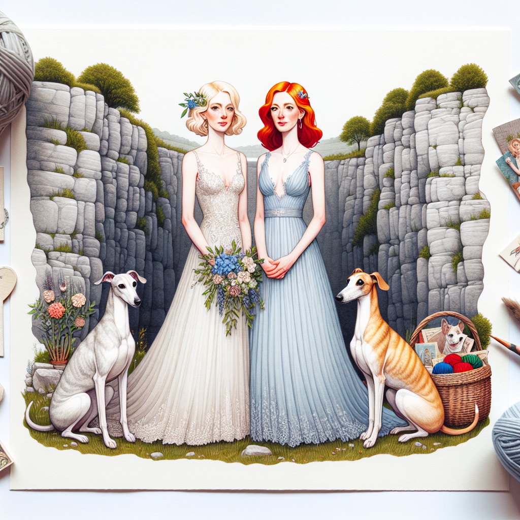 Lesbian wedding, blonde hair, red hair, Greyhounds, Rock climbing, Thrifting, Knitting, Gardening, and Light blue suit Wedding Card