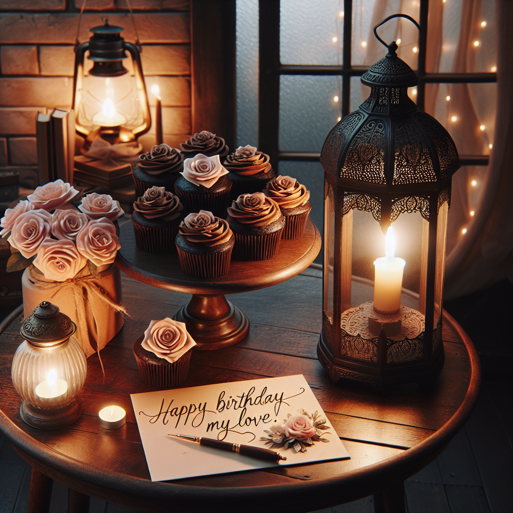 Visualize an intimate birthday celebration happening inside a cozy, lantern-lit room. The room illuminates a warmth of affection and love. An artisanal wood table is set in the center, adorned with rich, chocolate velvet cupcakes. Each cupcake is elegantly garnished with a blush rose. On the table, there is a handcrafted floral birthday card with the words 'Happy birthday My love!' neatly inscribed in a sophisticated, flowing script. The ambiance of the room subtly resonates with charm creating a memorable and realistic birthday moment.
Generated with these themes: Happy birthday My love Samra!.
Made with ❤️ by AI.
