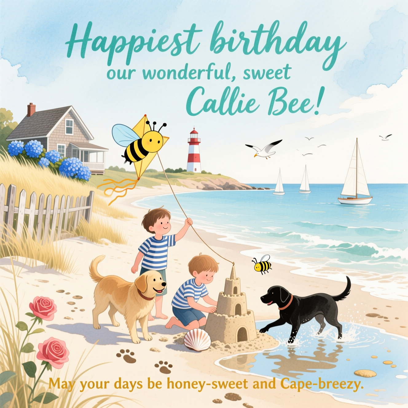 At the top of the Watercolor Style image, "Happiest birthday our wonderful, sweet Callie Bee!"

At the bottom of the image, "May your days be honey-sweet and Cape-breezy."

Paint a soft, sincere Cape Cod shoreline in airy watercolor: sea-glass blues and sandy oat tones washing into each other with delicate gradients, subtle pigment blooms in the surf, and natural paper texture peeking through. Golden morning light kisses dune grass and beach roses beside a weathered split-rail fence. In the mid-distance, a cedar-shingled cottage crowned with blue hydrangeas and a faint red-and-white lighthouse on the bluff; white sailboats dot a calm bay, gulls suggested as gentle strokes. In the foreground, two kids: one in a nautical striped top flying a cheerful bee-shaped kite on a cotton string, the other kneeling to shape a little sandcastle trimmed with scallop shells. Two joyful dogs—a sandy golden and a black lab—splash through shallow tide pools, leaving watery splatters and soft pawprints beside small bare footprints. Use wet-on-wet skies, dry-brush for dune grass, layered transparent washes, and soft edges for a heartfelt, organic feel. Hand-letter the headline in sea-glass teal watercolor brush script with a tiny watercolor bee doodle buzzing nearby; the bottom line in warm honey-gold. Keep generous sky space for the headline, portrait orientation, quiet, loving mood.
Generated with these themes: Cape Cod scene kids dogs, and .
Made with ❤️ by AI.
