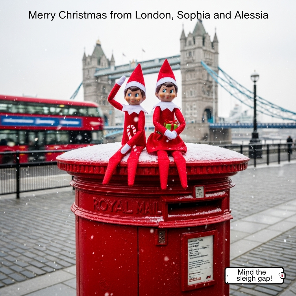At the top of the Photorealistic picture taken from a camera image, Merry Christmas from London, Sophia and Alessia!

Ultra-high-definition 4K, photorealistic daytime winter scene in London. Two Elf on the Shelf elves (one male, one female) perch side-by-side atop a classic red Royal Mail postbox near the Thames, dusted with fresh snow. They wear their iconic red felt outfits with crisp white collars; the female elf has a tiny red skirt, both with rosy cheeks and glassy eyes. The male elf tilts his hat playfully and holds a mini candy cane; the female elf cups a tiny wrapped present. In the softly defocused background, Tower Bridge is clearly recognizable, with a red double-decker bus motion-blurred as it crosses. Light snow flurries drift through bright overcast winter daylight; natural soft shadows and a gentle rim light outline the elves. Texture-rich details: felt fibers, snow crystals on the postbox, faint condensation on the postbox paint, damp cobblestones, subtle Thames sparkle. Cute, cozy, joyful mood.

Composition: eye-level three-quarters view, elves centered on the top third, Tower Bridge and bus forming a pleasing diagonal. Shallow depth of field for a creamy bokeh yet crisp subject detail. No visible people, clean street scene, full-bleed image.

Camera: full-frame DSLR/mirrorless, 50mm prime lens at f/2.8, 1/500s, ISO 200. Accurate white balance for winter daylight, rich dynamic range, lifelike color and contrast.

At the bottom right, add a small handwritten-style caption on a tiny enamel sign leaning against the postbox: “Mind the sleigh gap!”
Generated with these themes: Due elfi maschio e femmina della serie elf on the shelf a Londra a Natale, Foto di giorno, , and .
Made with ❤️ by AI.