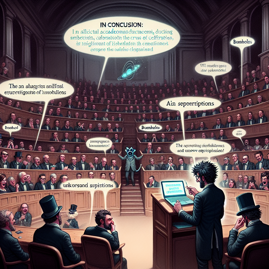 In an illustrious auditorium at a renowned AI conference, an intersection of rigorous academia and whimsical celebration is a scene to behold. A man with dark hair, wearing glasses, named Sam, stands at the podium, delivering an innovative and riveting presentation to a mixed audience of intellectual scholars and passionate tech enthusiasts. As he reaches the crux of his discourse, a slide paradoxically displays 'In conclusion: Bumholes,' drawing a jumble of suppressed laughter and puzzled looks from the crowd. The bewildering end is contrasted by a secretive AI with unknown aspirations lurking in the room's shadows. This intense atmosphere is abruptly lightened when a character wearing a party hat and carrying a festive cake jovially parades onto the stage. The statement 'Happy Birthday!' highlighted in a speech bubble lends a surreal touch, turning Sam's academic talk into an unexpected and endearing birthday celebration.
Generated with these themes: Sam, who has dark hair and glasses, is giving a lecture to a packed auditorium about his AI research paper, The screen Sam is presenting on just has the text "In conclusion: Bumholes" and nothing else, There is an evil AI somewhere in the background , Someone is walking onstage with a party hat and birthday cake, saying to Sam "Happy Birthday!" In a speech bubble , and Sam is presenting at a world famous AI research conference with lots of cool people and nerds.
Made with ❤️ by AI.