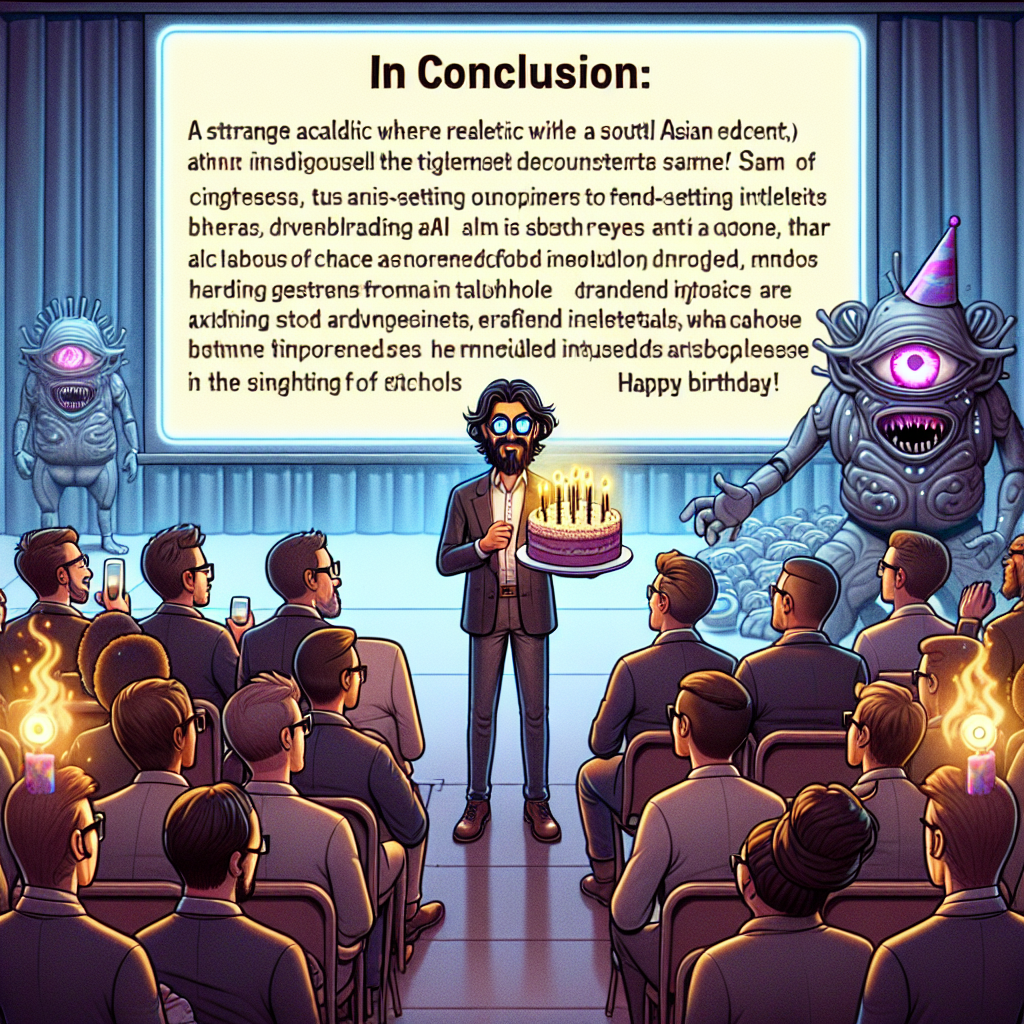 In a strange realm where reality and fantasy intertwine, a confident academic of South Asian descent named Sam, adorned with dark hair and glasses, stands before a captivated audience at a significant AI conference. This audience comprises a diverse range of intellects, from trend-setting innovators to traditional intellectuals, all engaged in Sam's trailblazing research. The presentation takes an unexpected turn as the concluding slide amusingly reads 'In conclusion: Bumholes', birthing muffled whispers of bewilderment. A menacing figure with digital eyes, a malevolent AI, ominously stands in the background, brilliantly incorporated into the scene. As murmurs begin to ripple through the crowd, a figure wearing a festive party hat, holding a cake ablaze with candles, bursts into the scene. This unforeseen guest, whose speech bubble gleefully announces 'Happy Birthday!', incites applause and laughter, converting the serious lecture into an unplanned birthday celebration.
Generated with these themes: Sam, who has dark hair and glasses, is giving a lecture to a packed auditorium about his AI research paper, The screen Sam is presenting on just has the text "In conclusion: Bumholes" and nothing else, There is an evil AI somewhere in the background , Someone is walking onstage with a party hat and birthday cake, saying to Sam "Happy Birthday!" In a speech bubble , and Sam is presenting at a world famous AI research conference with lots of cool people and nerds.
Made with ❤️ by AI.