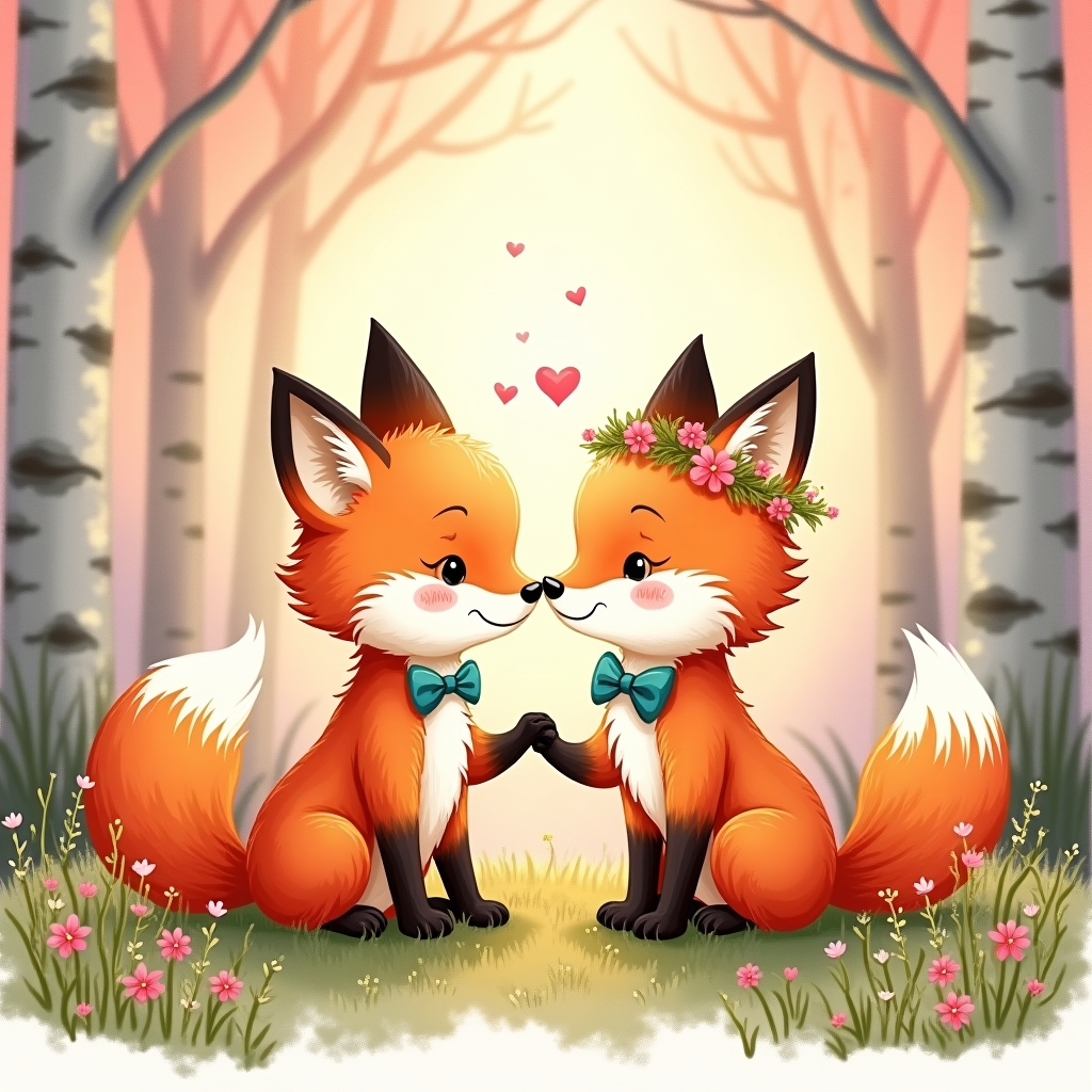 Cute, childlike foxes, a boy fox Julius, and a girl fox, Fifi, in Love, and Valentines-day Card