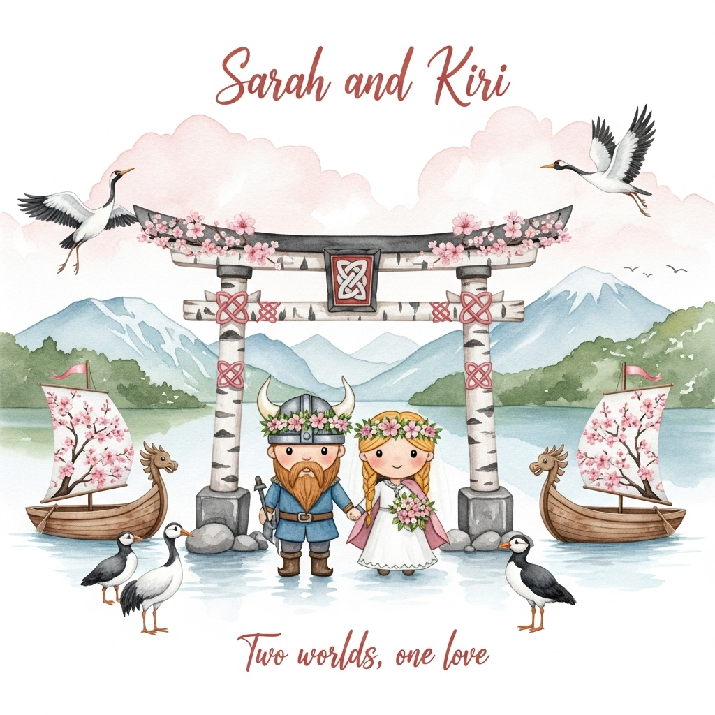 At the top of the Watercolor Style image, the text: **Sarah and Kiri** in soft hand-painted calligraphy, flowing like ink on rice paper.  

A whimsical watercolor scene of a wedding by a serene lakeside, blending Scandinavian and Japanese influences with a hint of Viking charm. A pair of cute Viking figures dressed in softened, playful ceremonial attire—adorned with flower crowns instead of helmets—stand hand-in-hand under a Torii gate crafted from birch wood, decorated with Nordic knot patterns and cherry blossoms. Gentle watercolor washes of soft pinks, icy blues, and moss greens flow together, with distant Scandinavian fjords merging into a misty Japanese mountain backdrop. Small boats with Viking dragon prows float on the lake, but their sails are painted with delicate cherry blossoms, adding a dreamy, humorous twist. Around the couple, cranes and puffins gather playfully, their feathers blending in watercolor strokes.  

At the bottom, in light watercolor lettering: **"Two worlds, one love"**.
Generated with these themes: Vikings, Japan,scandinavia, and .
Made with ❤️ by AI.