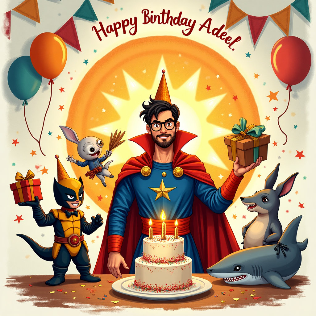 At the top of the Illustration Style image, “Happy Birthday Adeel” in bold, playful hand-lettering, slightly arched, warm golden ink with a textured brush outline and soft shadow.

Hand-drawn illustration with fine linework and textured brush strokes, balanced composition, warm, expressive color palette (sunset oranges and golds with pops of cobalt, teal, and crimson). Center stage: Dr Strange as the birthday boy—brown skin with glasses, the Cloak of Levitation acting like an excited party cape—wearing a cone hat and levitating a sprinkle-covered cake with glowing candles. A golden-orange mandala portal swirls behind him, casting cozy light.

Left side: Overwatch Winston in his recognizable armor, a tiny party hat perched on his head, clutching a wrapped present and a banana-shaped balloon, cheeks puffed as he toots a party horn. Beside him, a cheerful kangaroo with a bow tie; confetti tumbles from its pouch as it offers another present.

Right side: Moon Knight, pristine white costume catching warm highlights, holding crescent-shaped streamers and a ribbon-wrapped gift; next to him, Wolverine with a mischievous grin, neatly slicing the birthday cake with a single extended claw, crumbs mid-air.

Bottom foreground: A friendly shark pops up from a shimmering, watery portal—party hat on, goofy grin, a balloon tied to its fin—splashing just enough to be funny, not messy. Colorful bunting and floating balloons frame the scene; confetti drifts through soft, glowing magic sparks. Paper-grain texture visible, expressive brushwork, gentle vignetting to keep focus on the characters, humorous and celebratory mood.

Add a small, cheeky caption at the bottom in casual handwritten script: “Cape, claws, and cake—let’s get STRANGE!”
Generated with these themes: Dr Strange as birthday boy (brown skin with glasses), Overwatch winton , Moonknight marvel , Wolverine marvel , Kangaroo , Shark, and .
Made with ❤️ by AI.