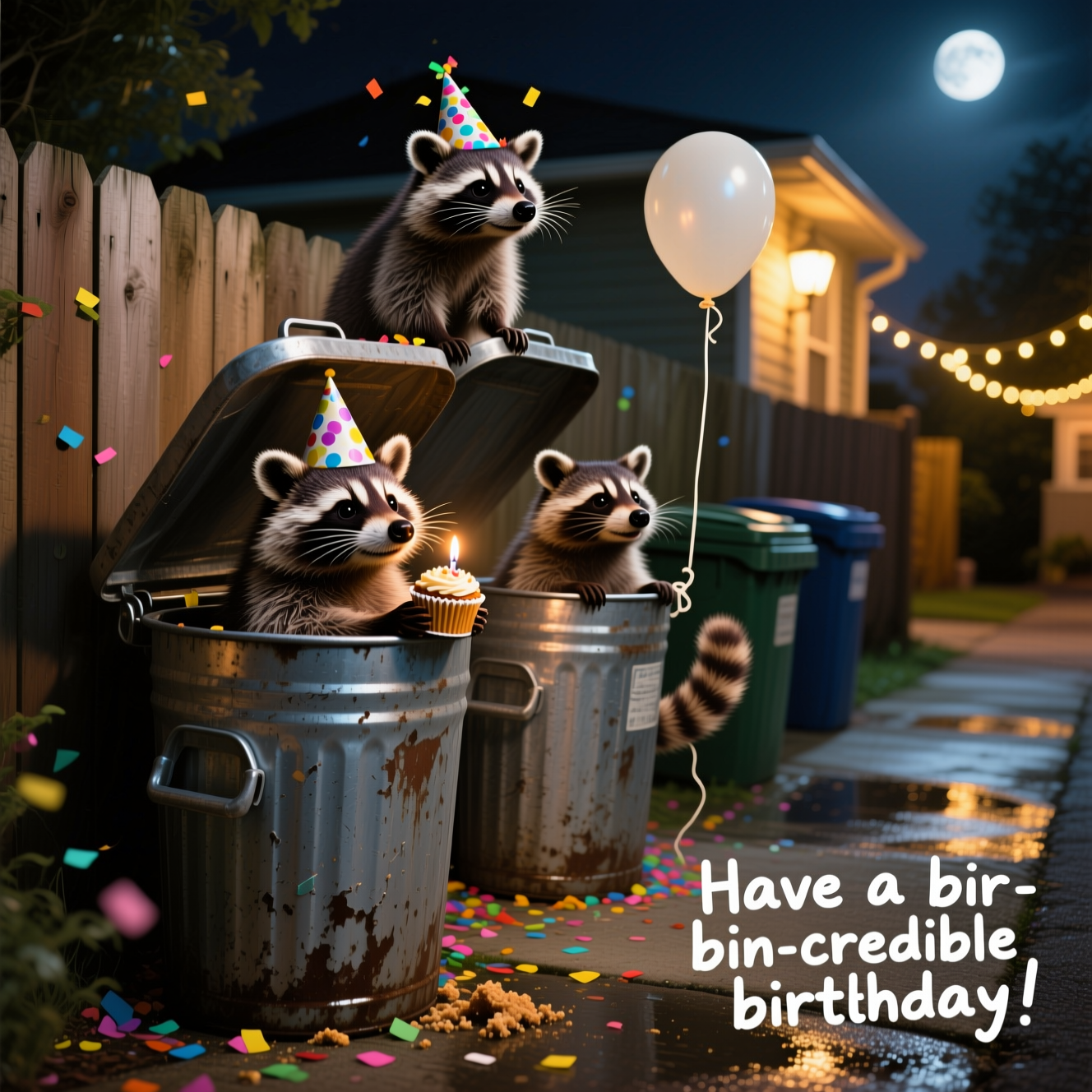 Image prompt:
Ultra-high-definition 4K UHD, photorealistic candid night-time scene in a suburban alley. A row of dented metal dustbins with lids tipped open beside a wooden fence. Three mischievous raccoons: one popping up from a bin wearing a slightly crumpled paper party hat and clutching a stolen cupcake with a tiny lit candle; another perched on a lid like a lookout with confetti stuck in its whiskers; a third halfway inside a bin with only its ringed tail sticking out. Colorful confetti sprinkled around the bins, a plain sagging helium balloon string snagged on a handle (no text on balloon). Pavement slightly wet for subtle reflections. Warm porch light and nearby string lights create a golden rim light on the raccoons; cool moonlight fills the shadows. Hyper-detailed fur, whiskers, scratched and smudged metal textures, crumbs, and realistic shadows. Shallow depth of field with creamy bokeh, portrait orientation. Shot as if on a 50mm lens at f/1.8, ISO 800, 1/125s, eye-level perspective; accurate lighting, lifelike textures, rich depth of field, true-to-life color.

Caption (single short line to be integrated into the image):
Have a bin-credible birthday!

Caption placement/style:
Small, bottom-right corner; playful white handwritten script with a soft drop shadow for legibility.
Generated with these themes: Raccoons in dustbins, , and .
Made with ❤️ by AI.