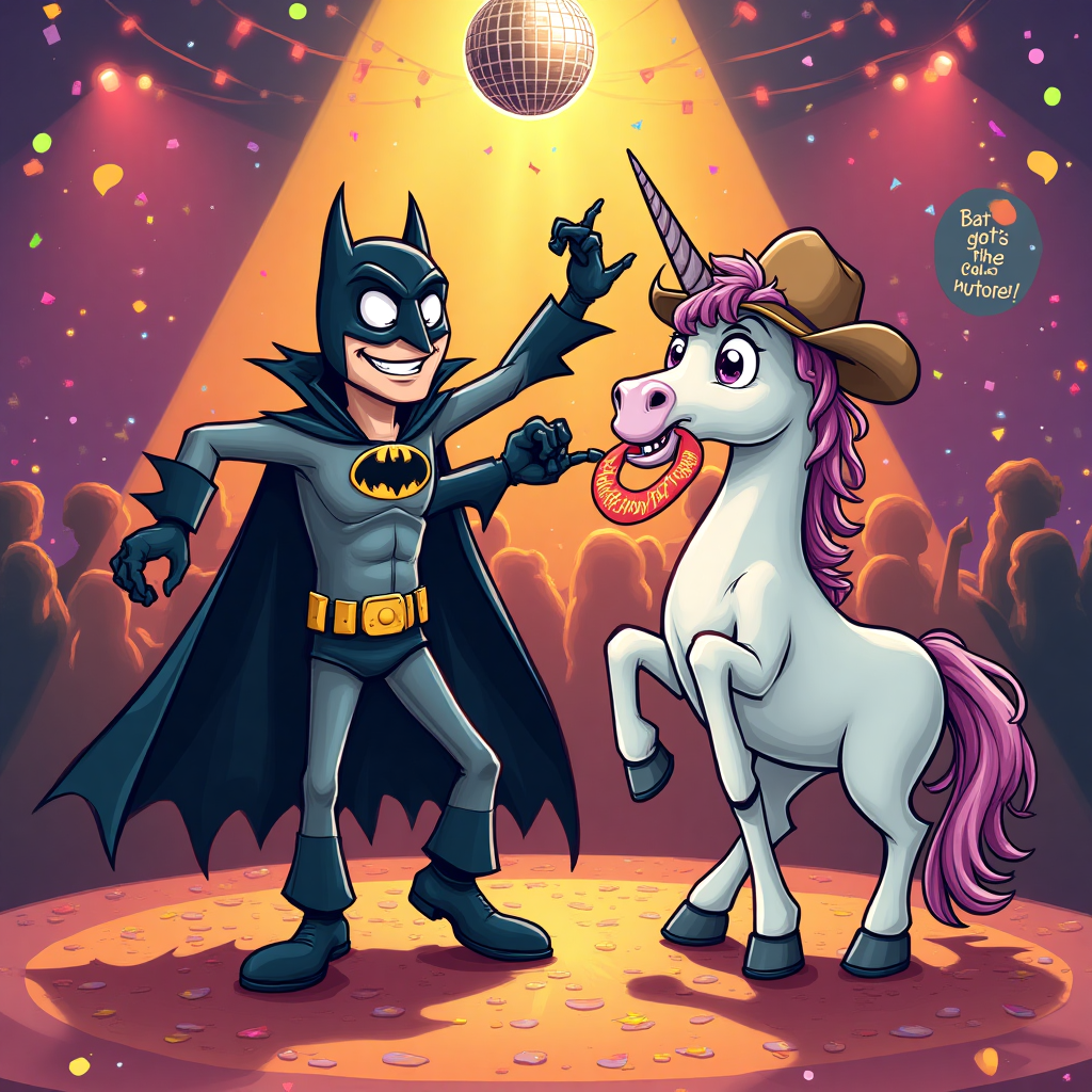 At the top of the Cartoon Style image, place the text: "To my favorite salsa dancing vampire (aka Batman by day). Love, A Montana Unicorn"

**Image Description:**

Create a vibrant, cartoon-style scene featuring a dashing vampire with a strong resemblance to Batman, complete with a cape but sporting a pair of salsa dancing shoes. The vampire is caught mid-twirl, showing off some serious salsa moves under a disco ball in a lively ballroom. Nearby, a unicorn with a cowboy hat stands on two legs, cheering enthusiastically and holding a "Happy Birthday!" banner in its mouth. The vampire's fangs are comically exaggerated, and his expression is a mix of concentration and delight. Bright, saturated colors fill the scene, with confetti raining down to enhance the festive, funny mood. In the corner, a small speech bubble reads: "Bat's got the moves!"
Generated with these themes: Batman, salsa dancing, unicorn, vampire, and .
Made with ❤️ by AI.