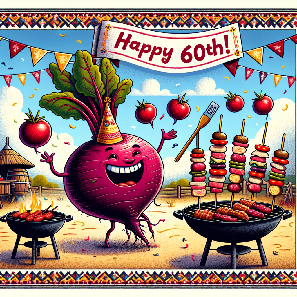 Create an image that captures a festive and humorous scene set in Romania for a 60th birthday celebration. The main focus of the scene is a lively, oversized beetroot wearing a party hat and juggling tomatoes. In the background, there are BBQ skewers loaded with various meats sizzling on a grill. The borders of the illustration are decorated with traditional Romanian folk patterns as a nod to the country's heritage. Hovering above the entire scene is a banner that proudly proclaims 'Happy 60th!' with exuberant charm.
Generated with these themes: BBQ, Meat, Tomatoes, Romania, Beetroot, and 60th birthday.
Made with ❤️ by AI.
