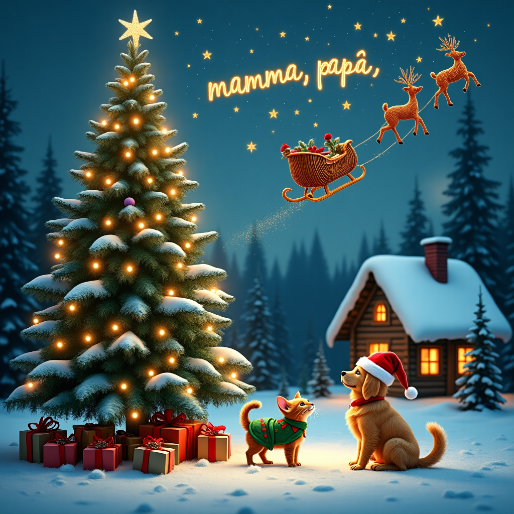 In a snow-covered magical forest, the enchanting scene unfolds beneath a twilight sky dusted with shimmering stars. At the heart of this whimsical Christmas landscape stands a colossal, ornately decorated fir tree. Its branches are adorned with glowing baubles and twinkling fairy lights, casting a soft, warm glow over the scene. At the base of the tree, a charming golden retriever wearing a red-and-white Santa hat playfully paws at a curious tabby cat. The cat, with its fluffy tail twitching, is wrapped in a tiny, green elf costume complete with a pointed hat. Surrounding them are intricately wrapped gifts, each one tagged with festive bows and name tags.

Above this delightful tableau, in the velvety night sky, a constellation has magically formed the words "mamma, papà e Ale" in twinkling stars, as if written by a celestial hand. Floating just beneath the glowing words, a sleigh made of woven twigs and holly is being pulled by miniature reindeer, their antlers dusted with snowflakes. They leave a trail of glittering stardust in their wake, adding to the ethereal beauty of the scene. In the background, a quaint log cabin emits a cozy light through its frosted windows, wisps of smoke spiraling lazily from its chimney. This surreal and enchanting scene captures the essence of a magical Christmas moment shared with loved ones, brought to life with the playful charm of a golden retriever and a cute cat.
Generated with these themes: Golden retriver , and Cute cat.
Made with ❤️ by AI.