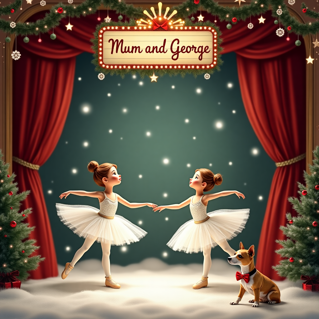 On the stage of a charming vintage theater, the enchanting scene unfolds with a touch of holiday magic. The stage is set with a backdrop of shimmering snowflakes and gentle twinkling stars, capturing the wintry essence of Swan Lake. The floor is dusted with faux snow that glistens under the soft glow of stage lights. At the forefront, two graceful ballet dancers pirouette effortlessly, their elegant tutus shimmering with iridescent sequins reminiscent of snowflakes. The dancers' movements echo the grace of swans, as their arms extend gracefully, creating a beautiful and harmonious balance with the surroundings.

Nestled to the side of the stage, an adorable Jack Russell dog sits poised and attentive. This little canine companion is special, with one sparkling eye that twinkles like the theater's lights. It's wearing a tiny red velvet bow tie, adding a festive touch to its natural charm. As if sensing the magic of the performance, the Jack Russell tilts its head, ears perked in delight, fully engaged with the dancers' movements.

Above the scene, a whimsical, vintage-style theater marquee sign has been cleverly incorporated into the design. The marquee, surrounded by tiny Christmas lights and garlands, proudly displays the words "Mum and George" in elegant script, making it look as if this heartfelt Christmas performance is dedicated to them. This unique touch adds a personal element, ensuring the card is a cherished keepsake.

In the background, soft red velvet curtains are partially drawn, framing the scene with their luxurious folds. The theater itself is adorned with holiday decorations; garlands and wreaths line the boxes and balconies, creating a festive atmosphere that complements the ballet's ethereal beauty. Tiny snowflakes hang suspended from above, adding an extra layer of depth and charm to the composition, as if the very air is dancing with the spirit of Christmas.
Generated with these themes: Theatre, Ballet dancers, Jack Russel dog, and Jack Russel dog with one eye sat on the theatre stage with ballet dancers performing swan lake.
Made with ❤️ by AI.