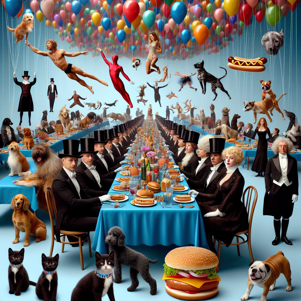 Imagine a surrealist birthday celebration where elements from dreams blend seamlessly with everyday moments to create an extraordinary ambiance. Miniature black cats, complete with bright, sparkling collars, proudly walk among the diverse group of guests, with a variety of dogs accompanying them. A table laid with classic hot dogs takes a special position, a nod to the joys of bulk shopping. The atmosphere trembles as energetic, heavy music courses through the venue, perfectly synchronized with the anti-gravity routines of an equal mix of male and female gymnasts of various descents who leap and whirl amid airborne balloons. Adding to the unusual theme, peculiar hats of differing styles - some are tall and pointy, while others are broad and flowing - sit atop the heads of entertained attendants, ensuring an event where reality is a delightful distortion.
Generated with these themes: Cats and dogs (especially gay little black cats), Costco wholesale (especially their hot dogs), Enter shikari, Gymnastics, and Strange hats.
Made with ❤️ by AI.