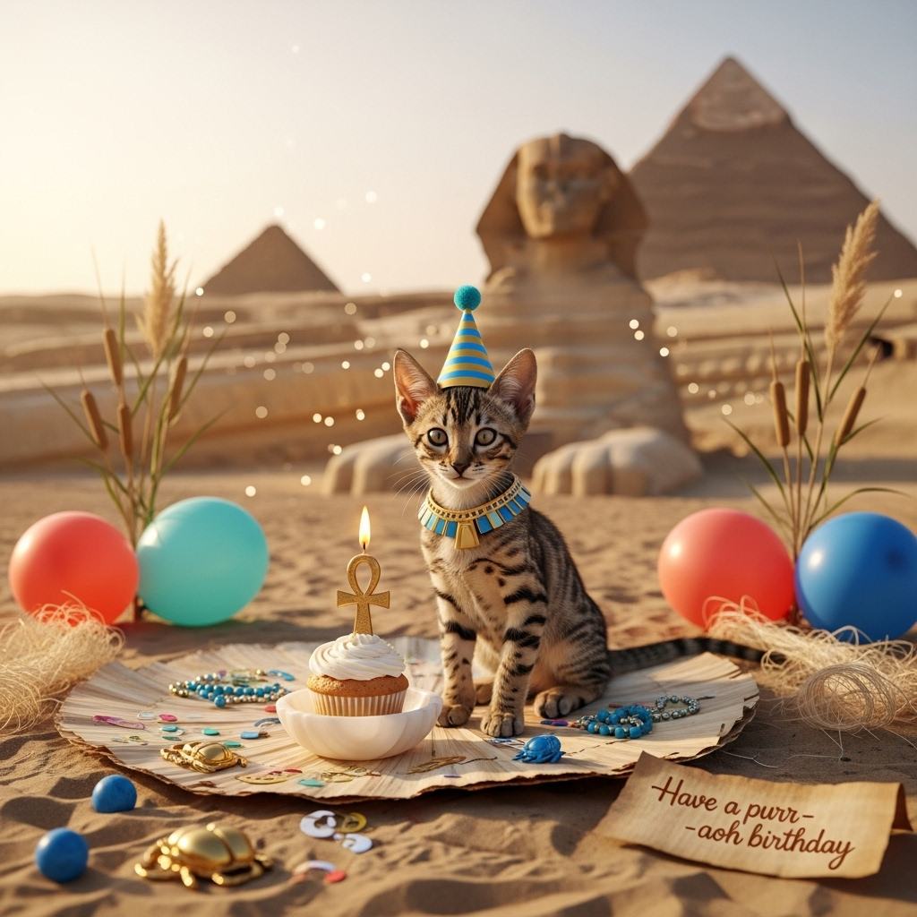 Ultra‑high‑definition 4K photorealistic camera shot, cute mood. Golden-hour sunlight on the Giza plateau. Foreground: an Egyptian Mau kitten sitting on a woven papyrus mat in the sand, wearing a tiny blue‑and‑gold striped nemes‑style party hat and a delicate pharaoh collar. In front of the kitten is a vanilla cupcake set in a small alabaster dish, topped with a lit ankh‑shaped candle; gentle flame glow. Scattered details: matte balloons in pastel turquoise, coral, and lapis tied to reed stalks; a few gold scarab charms; papyrus fibers, faience beads, and subtle hieroglyph-shaped confetti catching the light. Background: the Great Pyramid and the Sphinx softly out of focus, shimmering heat haze, creamy bokeh. Warm, natural color palette (sand‑gold, turquoise, lapis, coral). Low, eye‑level angle for maximum charm, crisp focus on the kitten’s eyes and whiskers, lifelike fur and stone textures, soft shadows, realistic depth of field. No people, no logos. Small, tasteful text on a narrow papyrus strip at the lower right (hand‑lettered in warm sepia ink): “Have a purr-aoh birthday!” Camera settings: full‑frame 50mm lens, f/2.8, ISO 100, 1/500s, accurate lighting, true‑to‑life rendering.
Generated with these themes: Ancient egypt, and .
Made with ❤️ by AI.