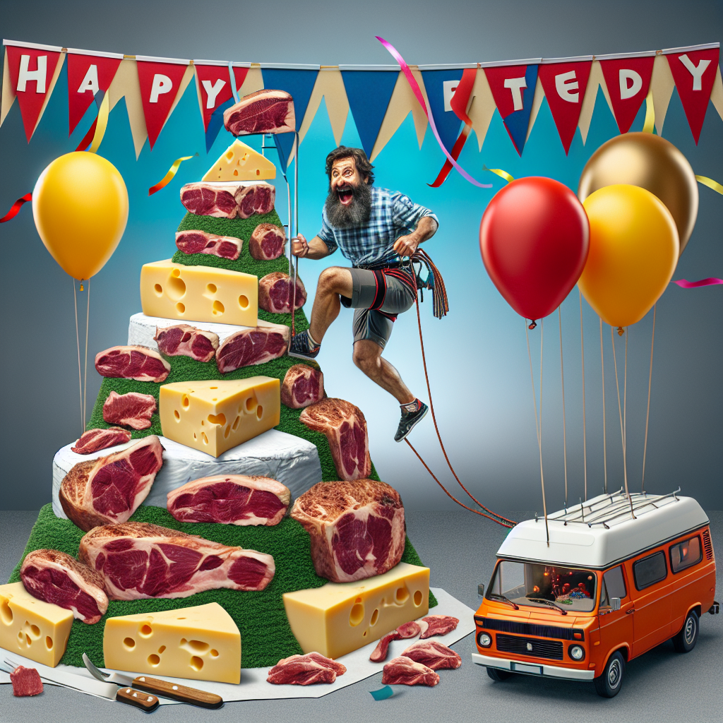 Long bearded man, Rock climbing, Mountains of cheese and steak, and Camper van Birthday Card