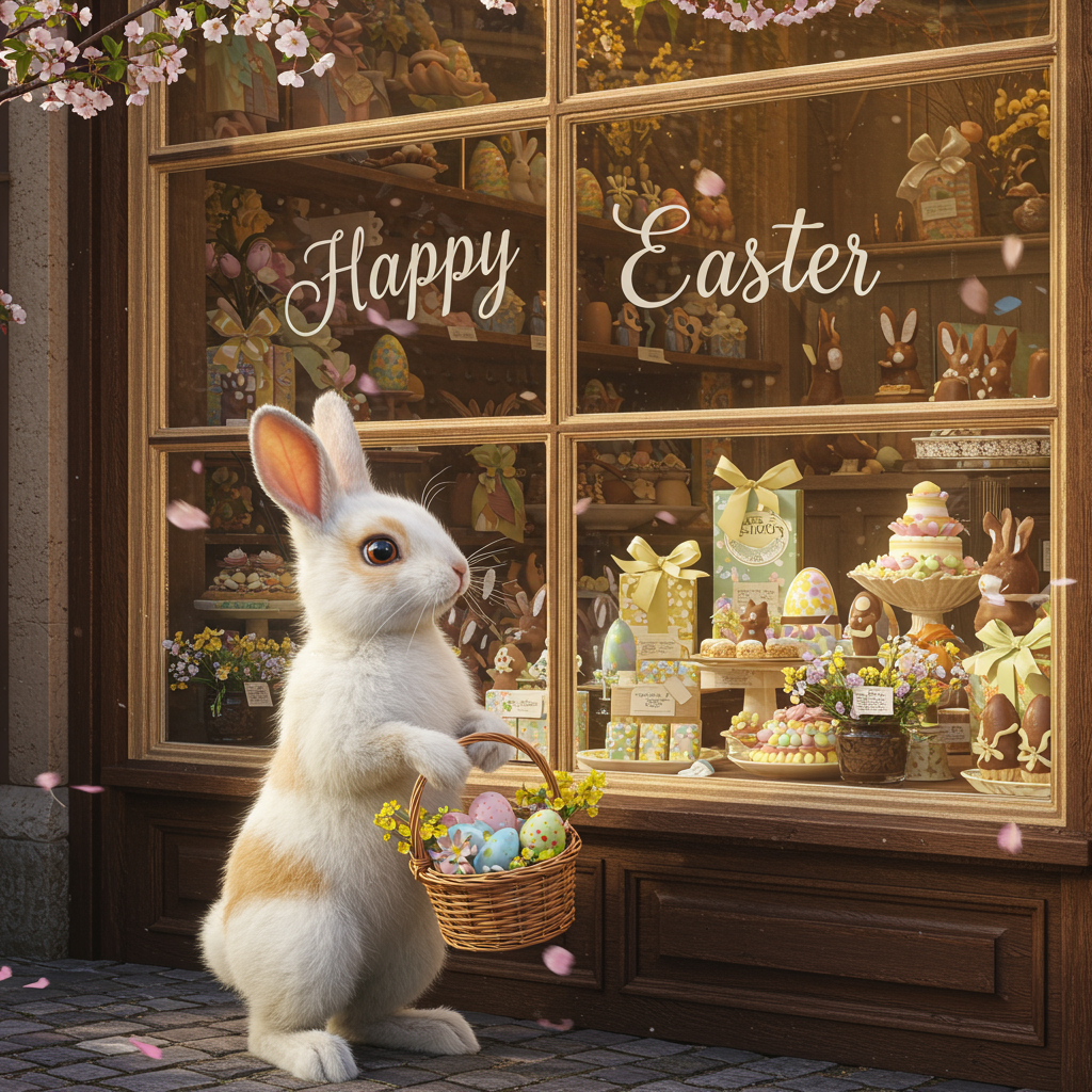 **Prompt for an Image:**

A heartwarmingly cute, realistic photograph-style image of an adorable Easter bunny with big, sparkling eyes, standing on its hind legs outside an old-fashioned, vintage-style chocolate shop. The bunny is holding a charming woven basket brimming with pastel-colored Easter eggs and spring flowers. Its fur is fluffy and snow-white with a touch of caramel brown on its ears. The bunny gazes in wonder through the antique glass window of the shop, where shelves are stacked high with elaborately wrapped Easter eggs, hand-crafted chocolate animals, and whimsical springtime treats. The shopfront has ornate wooden trim, and painted above the window in elegant, retro lettering is the message “Happy Easter.” Warm golden sunlight casts soft shadows, and delicate blossoms drift through the air, enhancing the dreamy, magical feel.
Generated with these themes: Cute Easter bunny with big cute eyes, Old fashioned style chocolate shop full of Easter eggs, Easter bunny carrying a basket and looking in the window of the chocolate shop, and Happy Easter written on the shop.
Made with ❤️ by AI.