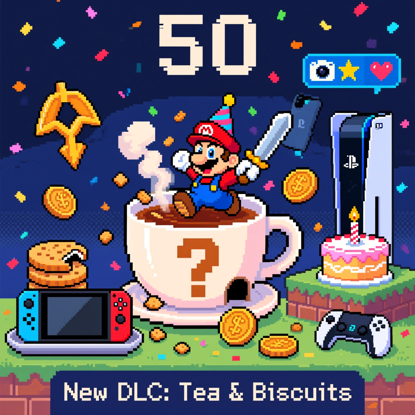 IPhone, PS5, Switch. Nintendo, Mario, Zelda, cup of tea, biscuits, and Birthday Card