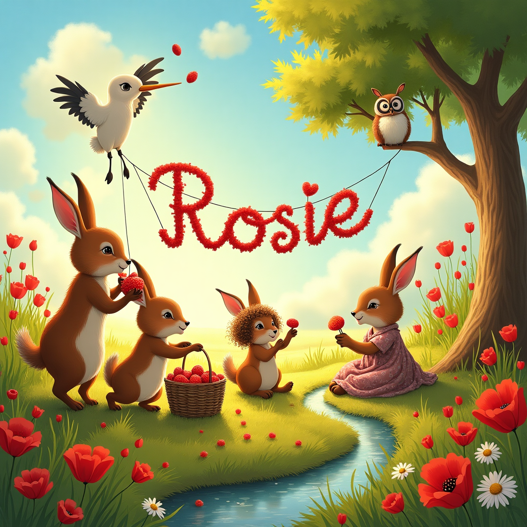In a whimsical meadow bathed in the golden glow of a late afternoon sun, a delightful gathering of woodland creatures and a smattering of human characters take center stage in the joyous celebration of a new baby's arrival. The meadow is a lively tapestry, dotted with vibrant red poppies swaying gently in the breeze, their petals a vivid contrast to the lush green grass beneath. In the middle of this enchanting landscape, a family of rabbits, dressed in Victorian-era clothing akin to Beatrix Potter's style, are joyously orchestrating a makeshift picnic. One rabbit, standing on its hind legs, holds up a woven basket overflowing with fresh strawberries and tiny sandwiches.

Amidst this joyous assembly, a pair of mischievous foxes, inspired by Arthur Rackham's elegant line work, are carefully stringing up a colorful banner between two poppy stalks. The banner spells out the name "Rosie" in a playful, looping script, each letter formed by intertwining daisies and poppy petals. Overhead, in the azure sky, fluffy clouds have been artfully crafted into the shape of a stork carrying a baby bundle, reminiscent of Maxfield Parrish's fantastical skies.

Nearby, a little girl with curly hair reminiscent of a character from a Norman Rockwell painting sits cross-legged, intently watching a teddy bear-sized Maurice Sendak-esque wild thing juggle blueberries. Scattered around her are tiny, winged fairies drawn in the intricate detail of Aubrey Beardsley, each perched on poppy heads or riding on the backs of ladybugs, adding an extra touch of whimsy to the scene.

In the background, an Edward Gorey-style owl perches wisely on a gnarled branch of an old oak tree, wearing a monocle and keeping a keen eye on the joyful proceedings below. A gentle stream winds through the meadow, its waters sparkling with the vibrant hues of Quentin Blake's palette, reflecting the playfulness and charm of the event. The whole scene is a jubilant celebration of life, overflowing with magical details and a vivid storytelling that perfectly encapsulates the joyous arrival of baby Rosie.
Generated with these themes: meadow with poppies.
Made with ❤️ by AI.
