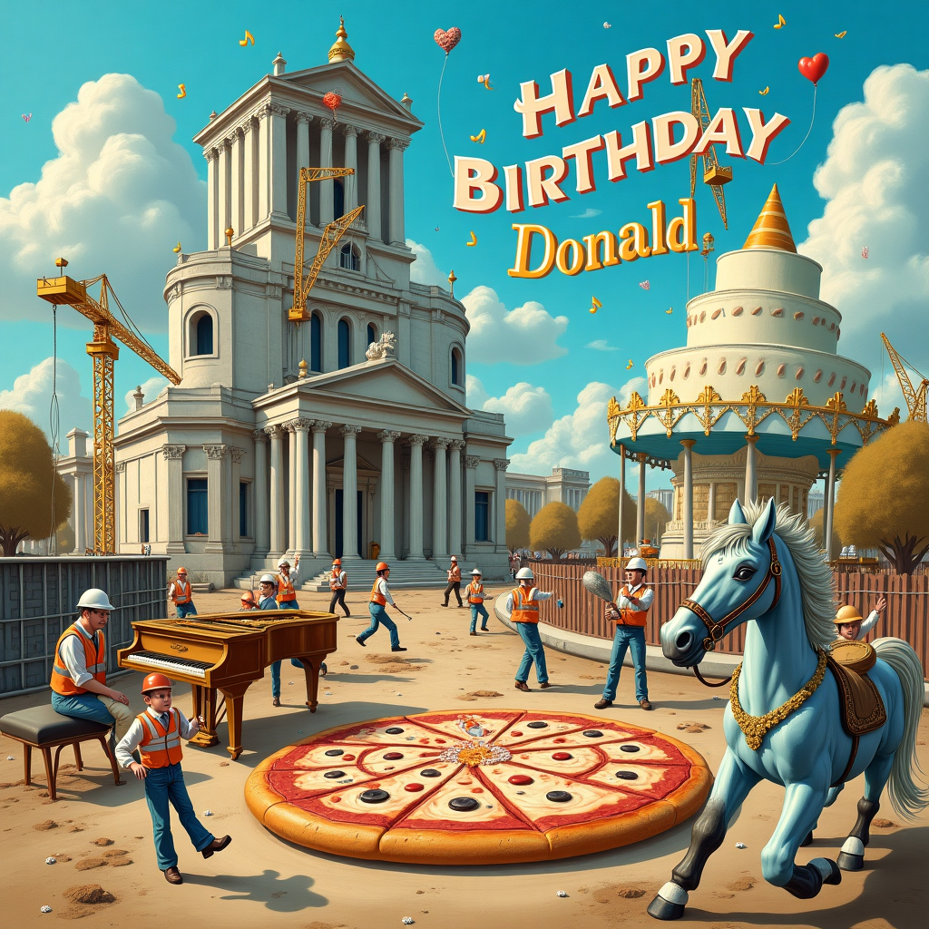 On the front cover of the greeting card, a surreal birthday celebration unfolds within a fantastical realm where the Bank of England towers prominently on the horizon, its imposing stone facade adorned with cascading banners of golden musical notes fluttering in a gentle breeze. In the foreground, a peculiar construction site is bustling with activity. Workers in neon-colored vests and hard hats are orchestrating an unusual symphony of machinery and laughter as they assemble a giant pizza topped with playful renditions of white powder and vibrantly colored pills, reminiscent of toppings from a dreamlike world. Nearby, a gleaming grand piano sits on a scaffolding platform, its keys being caressed by invisible hands, sending melodies swirling into the air.

A pair of regal horses adorned with wreaths of daisies prance gracefully along a dirt path that snakes through the scene, leaving trails of horse manure shaped like little hearts. Amidst the festival ambiance, a fantasy-inspired merry-go-round whirls, its wooden horses painted with shades of ketamine blue and stardust silver, echoing the vibrancy of a music festival.

In a playful nod to the Oedipus complex, a colossal wedding cake stands proudly beside a whimsical statue of a motherly figure holding a construction blueprint, with a fond smile. The cake is crafted with tiers that resemble layers of glistening marble, a tribute to both marriage and the structural elegance of architecture.

Overhead, in the azure sky, fluffy clouds morph into the letters spelling "Happy Birthday Donald," with each letter taking on a unique shape—a playful construction crane here, a slice of pizza there—creating a celestial banner that ties the entire scene together. The intricacies and bizarre beauty of this narrative-stuffed illustration invite the viewer into a world where fantasy and reality merge, all in celebration of Donald's special day.
Generated with these themes: Oedipus complex, White powder, Pills, Pizza, Building site, Hard hat, Bank of England, Fantasy, Music festival, Horse manure, Ketamine, and Marriage.
Made with ❤️ by AI.