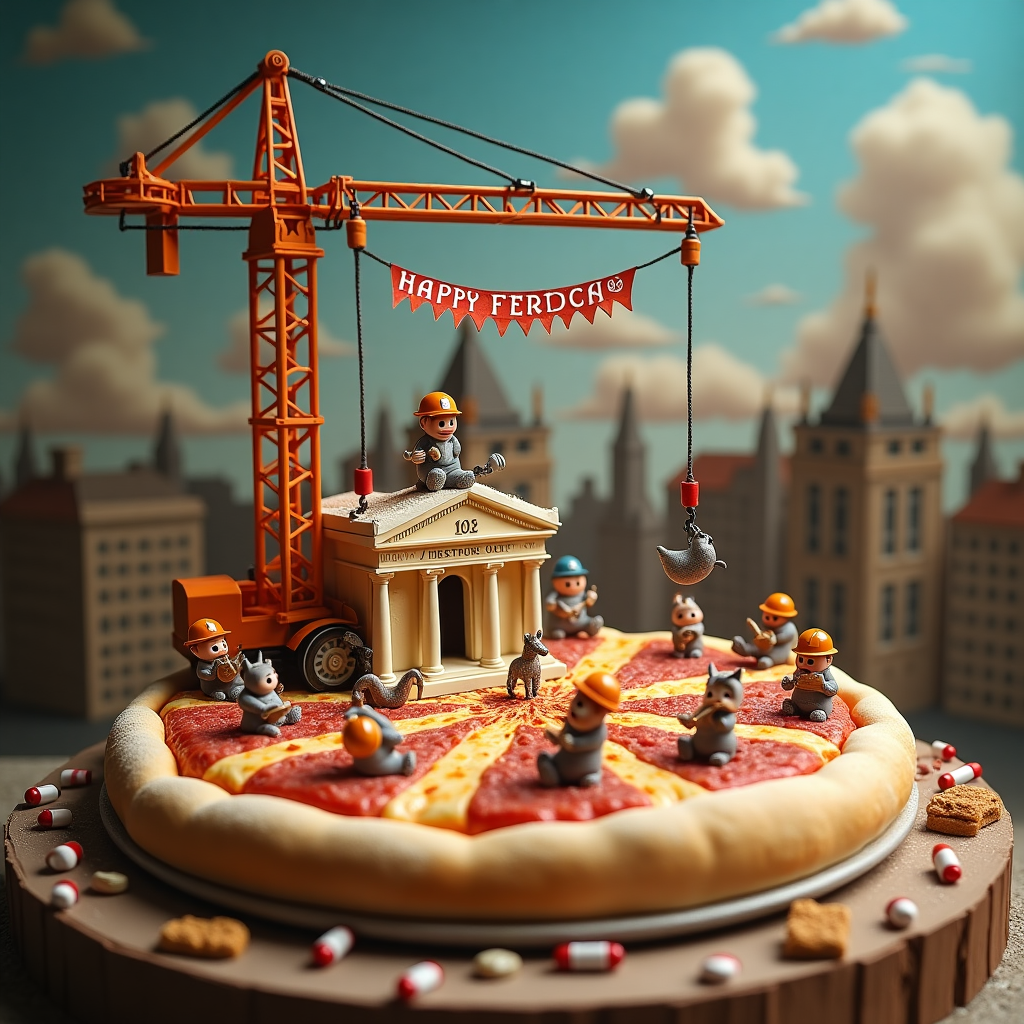 In the foreground of the birthday card's cover, a meticulously constructed replica of the Bank of England emerges from a large, steaming pizza, symbolizing a foundation of savory prosperity. Perched atop the pizza, a miniature crane operates diligently, lifting tiny hard hats that hang like bunting along the edge of a giant marriage cake, elegantly decorated with white icing dusted to resemble the appearance of powder. At the center of this bustling scene, a collection of tiny pills forms a delicate pathway leading to a small, vibrant music festival unfolding on the crust. Here, a whimsical mix of fantastical creatures play instruments made of horse manure, the organic matter crafted into a curious blend of lute and lyre, emitting sounds of mystical charm. Above this lively affair, a banner made from musical notes spells out “Happy Birthday, Donald,” suspended between two construction beams that protrude from the pizza. In the background, a surreal skyline of a fantasy realm mingles with the realistic visage of a building site, where figures in hard hats are seen riding mythical horses. These horses gracefully gallop across the terrain, leaving trails of ketamine-like dust in their wake, creating an ephemeral, dreamlike mist. Overhead, wispy clouds form surreal shapes that subtly echo the intricate tales of Oedipus complex, their nebulous narratives stretching across a twilight sky. The entire scene is a captivating medley of elements that weave together Donald's birthday greetings in a tapestry of bizarre yet harmonious celebration.
Generated with these themes: Oedipus complex, White powder, Pills, Pizza, Building site, Hard hat, Bank of England, Fantasy, Music festival, Horse manure, Ketamine, and Marriage.
Made with ❤️ by AI.