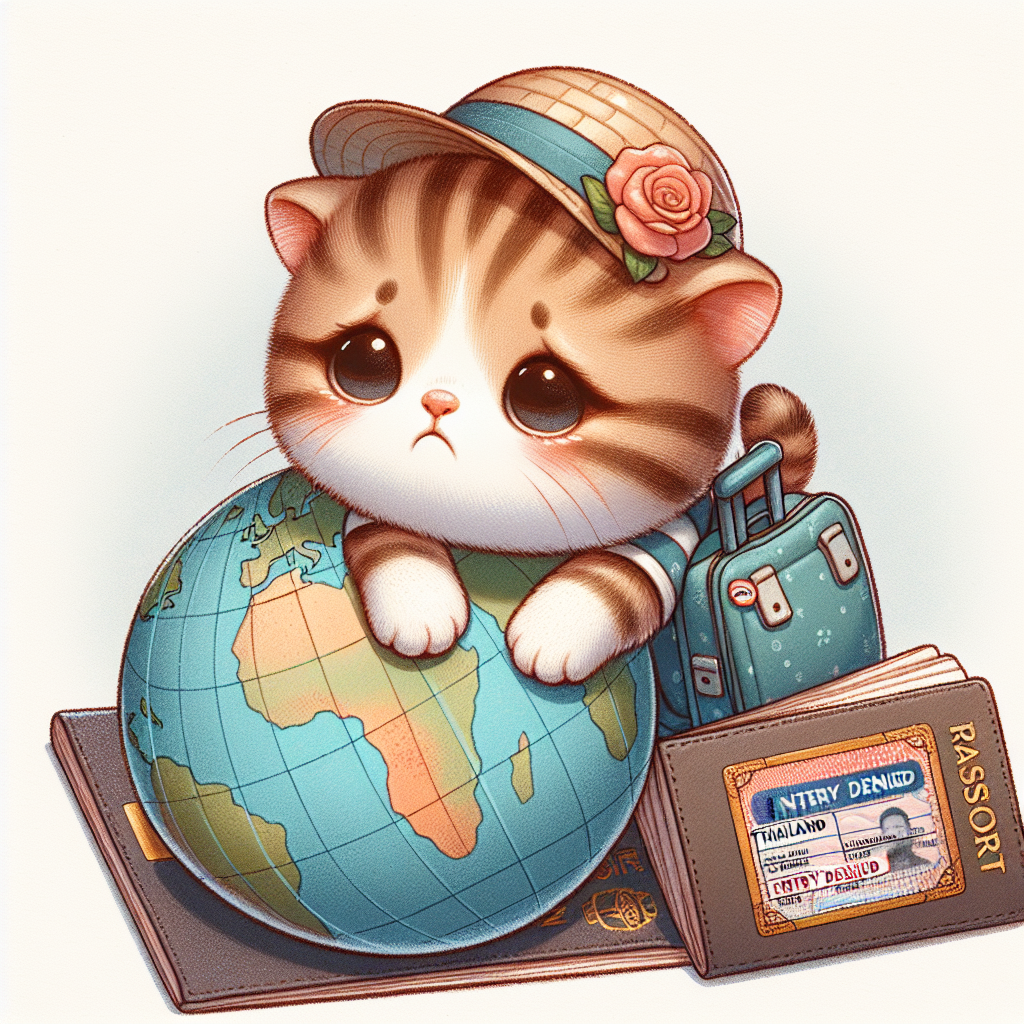 Create an endearing and whimsical image of a cute, downcast kitten perched on top of a globe. The little feline is looking towards the horizon, clutching a small travel bag in its paws. One of its paws is touching a passport, representing Thailand, where a visible visa page showing 'entry denied' is displayed. This detail illustrates an interrupted journey, adding a touch of sorrow to the otherwise adorable scene, and underlining the overall theme of farewell.
Generated with these themes: thai passport with schengen visa page saying 'entry denied'.
Made with ❤️ by AI.