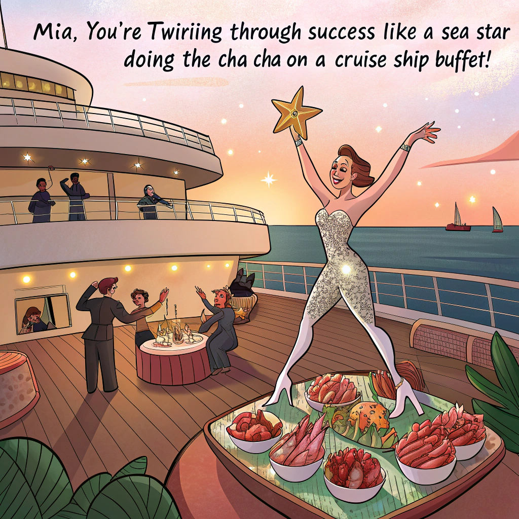 At the top of the realistic photograph image, "Mia, you're twirling through success like a sea star doing the cha-cha on a cruise ship buffet!"

– Depict a humorous, realistic photo-style scene set on the deck of a lavish cruise ship under a sunset-lit sky. A dancer dressed in a glittery sea-star-inspired costume is striking a dramatic ballet pose atop a lobster tray at the ship's buffet, while passengers cheer with mocktails and clamshell maracas. Seagulls photobomb the background like disapproving judges.
Generated with these themes: Sea, Star, Dancer, and Cruise ship.
Made with ❤️ by AI.
