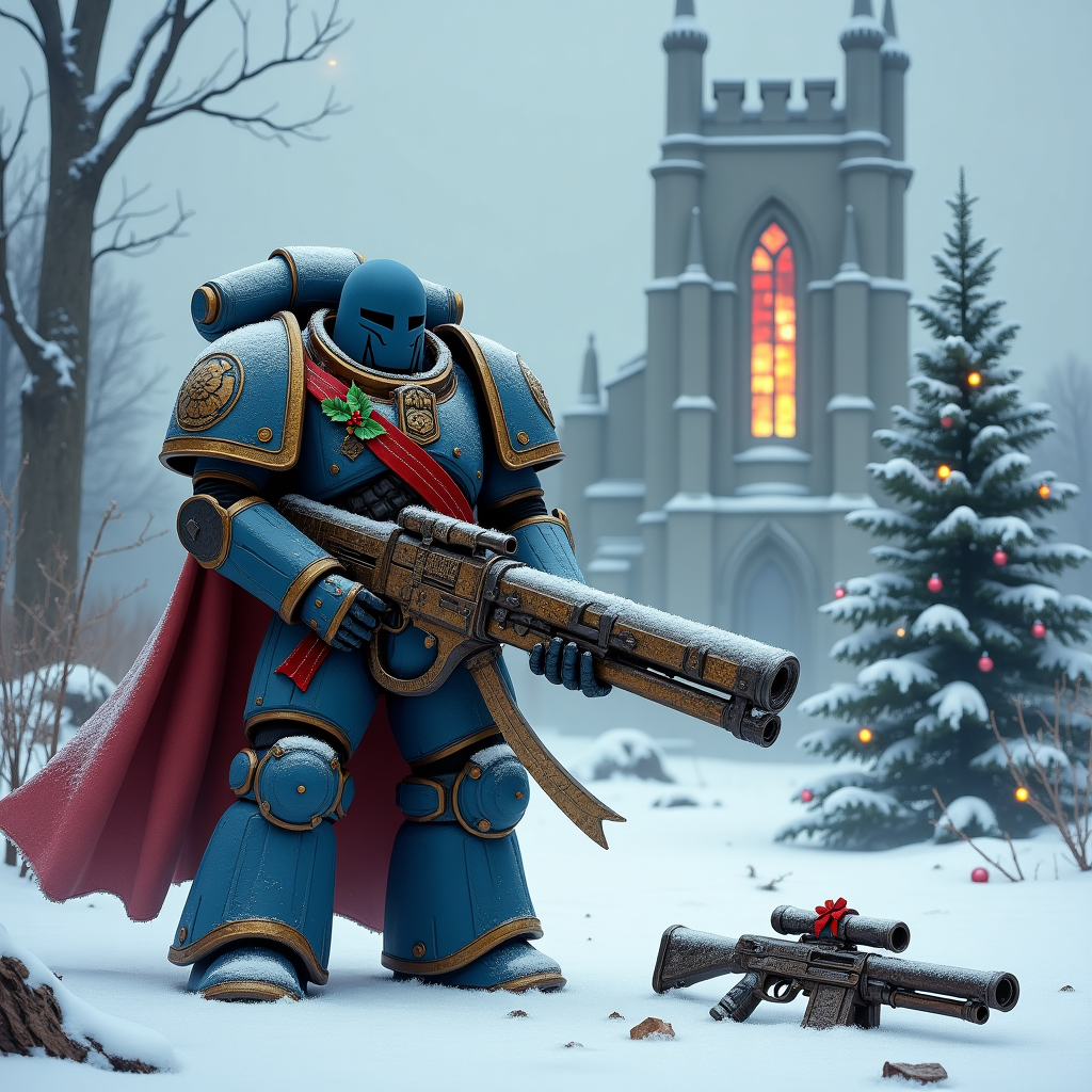 In the center of a snow-draped battlefield, a lone Space Marine stands, resolute and majestic, clad in a weathered yet gleaming cerulean power armor. His presence dominates the scene, evoking an aura of stoic strength. A crimson sash drapes across his chest, hinting at his rank and valor in countless battles. Clutched in his right hand is an intricately detailed Bolter, its massive frame adorned with ancient Gothic script and sacred seals. Resting against the butt of the gun is a sprig of holly, a nod to the season and a symbol of resilience amidst chaos. The barrel of the Bolter, meticulously etched with the insignia of his chapter, points skyward, piercing the heavy, grey clouds that threaten to release a fresh blanket of snow. 

Behind him, the remnants of a fallen cathedral lay in ruins, its stained glass windows shattered, yet a fragment remains intact, casting colorful reflections onto the untouched snow. The twisted metal and stone fragments serve as a poignant reminder of the once-holy site now turned battlefield. Among the debris, a bolt gun lies half-buried, its grip frozen to the ground, as if the earth itself mourns the destruction. In the distance, an evergreen tree stands tall, untouched by war, adorned with remnants of decorations from a time before conflict, a few baubles reflecting the faint glow of a distant star. The scene captures a moment of uneasy peace, the juxtaposition of war and the spirit of Christmas woven into the fabric of this solemn winter tableau.
Generated with these themes: Warhammer, Space Marine, Bolter, and Bolt Gun.
Made with ❤️ by AI.
