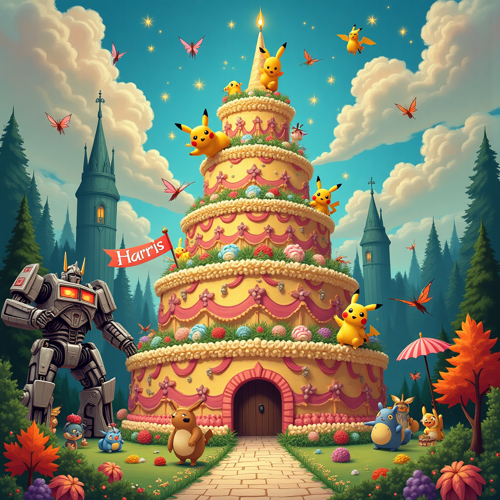 Imagine a fantastical, vibrant scene bursting with whimsy and intricate details. Center stage is a grand birthday cake, towering like an ornate castle with tiers resembling the Hogwarts towers, adorned with cascading candy ribbons and Ghibli-style soot sprites cheekily peeking out from the sugary decor. Each layer of the cake is frosted in a shimmering gradient from a soft buttercream yellow at the base, transitioning to a magical midnight blue at the top, speckled with tiny, twinkling stars.

Surrounding the cake, a vivid array of characters engage in a festive dance. On the left, a Transformer, intricately detailed with gears and plates reminiscent of N.C. Wyeth's adventurous flair, stands guard, holding a banner in metallic fingers with the name "Harris" emblazoned in bright, bold letters, crafted from what appears to be neon circuit lines.

Nearby, Pikachu, with its electric cheeks glowing a radiant red, balances atop a flying broomstick, echoing the dynamic, fluid lines of Quentin Blake’s playful style. Next to Pikachu, Totoro from Studio Ghibli, rendered in the soft, textured linework reminiscent of Beatrix Potter, offers a gentle smile, holding an umbrella crafted from a giant maple leaf, its rich autumnal hues contrasting with the pastel candyland.

To the right, the Quidditch pitch is ingeniously incorporated, with Nimbus 2000 broomsticks and snitches buzzing around, captured in a flurry of precise, Beardsley-esque linework. Little Pokémon, like Bulbasaur and Charmander, are scattered about, painted in lush greens and fiery oranges, as if stepping out of a Maurice Sendak dreamscape.

The background unfurls like a tapestry of magical realism, with a pastel sky dotted with Maxfield Parrish-inspired clouds, and a whimsical village crafted from pages of spellbooks, their text forming winding cobblestone paths. Dotted throughout are elements like Edward Gorey's fine, meticulous cross-hatching on enchanted trees and small, mischievous fairies, each contributing to this birthday symphony in vivid, enchanting detail.
Generated with these themes: Transformers Pokemon Harry Potter Ghibli.
Made with ❤️ by AI.