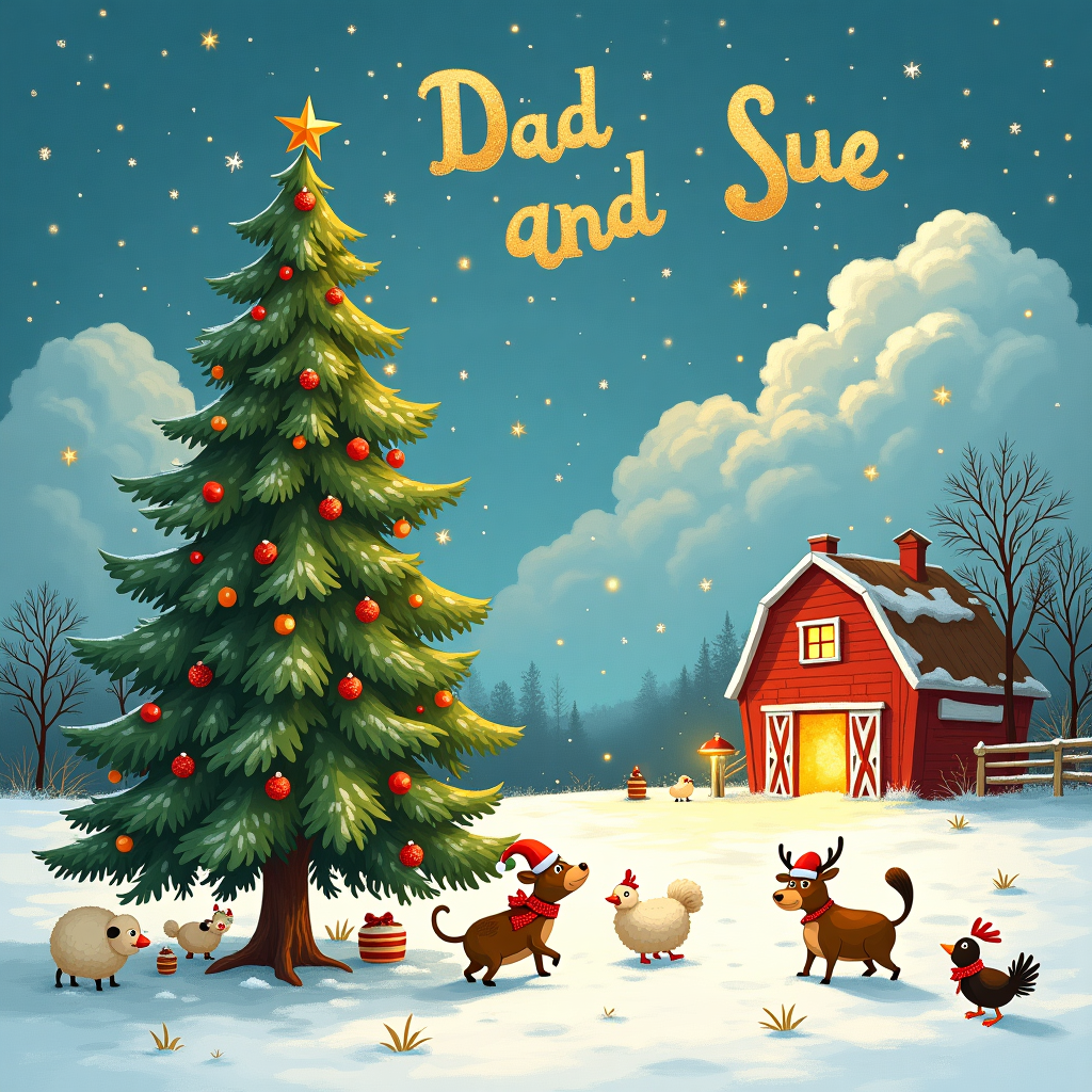 Tree, Farm, and Christmas Card