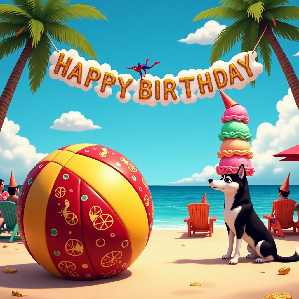 In the vibrant scene of Jasmine's 18th birthday celebration, the centerpiece is an oversized, whimsical volleyball, resting on a sandy beach court with its panels whimsically painted like slices of pepperoni pizza. Around the volleyball, a lively party unfolds with colorful beach chairs occupied by guests, all adorned in Spiderman-themed party hats. To the right, a cheeky Husky stands on its hind legs, balancing a towering ice cream cone with its front paws. The ice cream is a delightful concoction of vibrant scoops—mint green, strawberry pink, and rich chocolate—melting ever so slightly under the sun. In the sky above, clouds shape into the iconic silhouette of Spiderman, web-swinging from one fluffy cloud to another. Across the scene, a Happy Birthday banner stretches between two palm trees, made of shimmering letters that spell out "Jasmine" in bold, playful font. The letters glisten with a golden sheen, adding a touch of glamour to the festive scene. In the background, the sea gently laps against the shore, adding a tranquil backdrop to the bustling party atmosphere.
Generated with these themes: 18th Birthday, Volleyball, Pizza, Spiderman, Ice Cream, and Husky.
Made with ❤️ by AI.