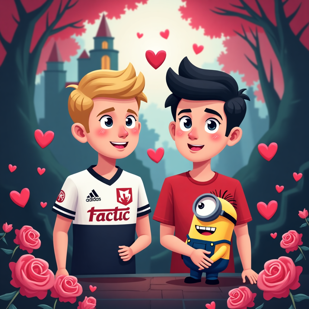 **Front Cover Design Description:**

**Main Characters:**
- **Rekkles and Caedrel:** Feature Rekkles and Caedrel as stylized, flat vector illustrations. Rekkles should have his signature blond hair, sleekly styled, and be wearing a minimalist jersey with subtle "Fnatic" hints. Caedrel can be depicted with his notable dark hair and a clean T-shirt with a simple headset around his neck.

**Scene Setup:**
- **Background:** Set the scene in Summoner's Rift, using abstract flat shapes to suggest the iconic map. Use deep purples, blues, and hints of green to bring out the mystical element, but keep it subtle to focus on the characters.
- **Environment Elements:** Include a stylized Baron Nashor peeking in the background with exaggerated flat features and vibrant hues. The foreground should have flat, simplified turrets with heart-shaped top tiers.

**Valentine's Elements:**
- **Hearts and Roses:** Scatter flat, minimalistic hearts and roses around the scene in shades of red and pink. Include some pixelated hearts floating like they’re part of a video game interface.
- **Cupid Minion:** A cute, flat-designed minion dressed as a cupid with tiny heart-tipped arrows and wings, shooting a playful arrow towards the characters.

**Text Elements:**
- **Main Phrase:** The phrase "I hope it wasn't too much for you—I know we didn’t get much sleep last night… But would you do it all over again as my Valentine?" should be integrated into a speech bubble coming from Caedrel, done in a clean, sans-serif font.
  
- **"Fynn" Placement:** "Fynn" should be creatively placed on a pixelated heart banner above the characters, using a retro gaming font for a fun, thematic touch.

**Color Palette:**
- Use bold, contrasting colors to maintain a crisp, clean look. Stick to a mix of league-themed purples and blues for the base, complemented by vibrant reds and pinks for the Valentine’s elements. Accents of gold and white can be used for highlighting and adding depth.

**Artistic Inspiration:**
- Employ the sleek lines and bold color blocks inspired by Yulia Sokolova and Malika Favre. Incorporate the energetic line work of Patrick Seymour and the dynamic shapes of Matt W. Moore to keep the scene engaging and visually striking.

This design aims to blend the vibrant world of League of Legends with a playful Valentine’s Day twist, capturing the characters and scene in a fun, engaging way that fans will appreciate.
Generated with these themes: A valentines card including following things: It should be League of legends themed, My image of Rekkles and Caedrel, The phrase "I hope it wasn't too much for you—I know we didn’t get much sleep last night… But would you do it all over again as my Valentine?".
Made with ❤️ by AI.