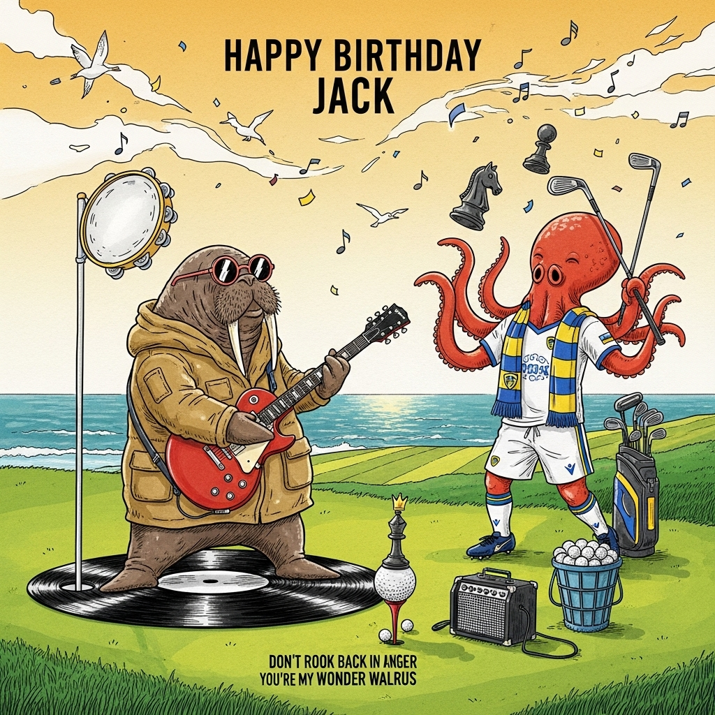 At the top of the Illustration Style image, Happy Birthday Jack

Hand-drawn illustration with fine linework and textured brush strokes: On a sunny seaside links golf course, a swaggering walrus in a retro parka and round rockstar sunglasses strums a cherry-red guitar mid-riff on a vinyl-record-shaped putting green. The flagstick doubles as a tambourine. Beside him, a cheeky octopus caddie in a white football kit with a blue-yellow-white Leeds-inspired scarf (no official logos) juggles golf clubs and chess pieces: a rook becomes a tee, a knight is a ball marker, and a tiny crowned king chess piece perches on the golf ball. The fairway subtly forms a chessboard pattern, while a small amp and a bucket of golf balls sit nearby like stage gear. Seabirds and confetti-like music notes drift through warm golden-hour light; colors are warm and expressive (honey golds, sea-teals, deep blues, pops of canary and cherry red). Balanced, humorous composition with lively ink lines, soft paper grain, and painterly textures.

At the bottom of the Illustration Style image, a small playful caption: "Don't Rook Back in Anger—you're my Wonder-Walrus!"
Generated with these themes: Oasis band, Octopus, Leeds united, Golf, Walrus, Guitar, Chess, and .
Made with ❤️ by AI.